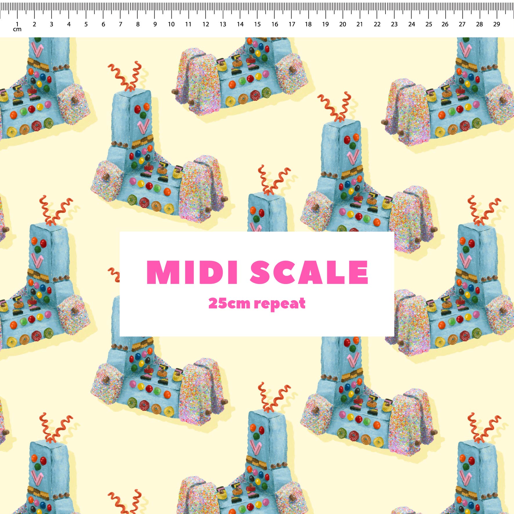 Retro Robots Cake (Yellow) - 0.5m - Quilting Cotton - Midi Scale
