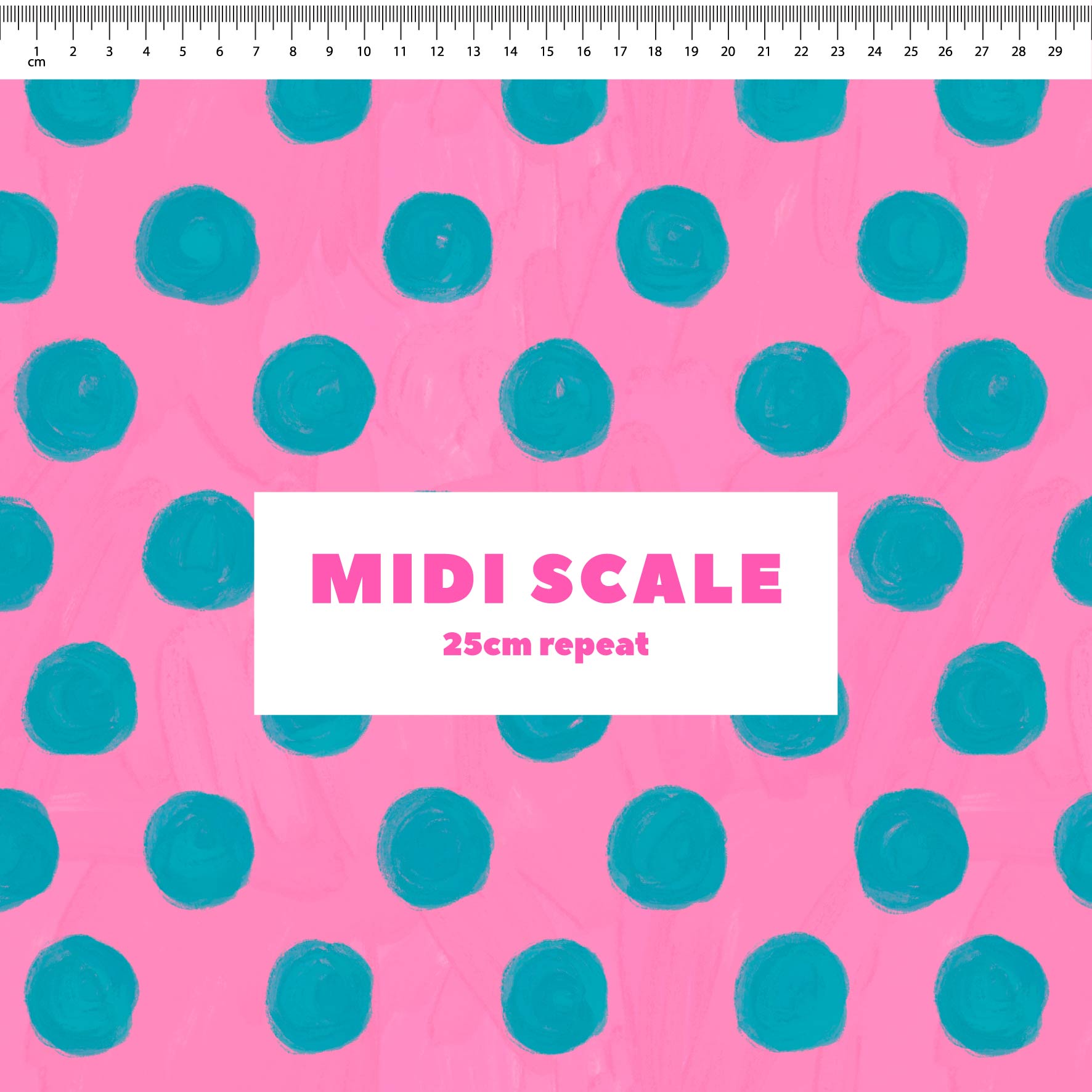 Silly Billy Polka Dots (Blue & Bubblegum) fabric design by Carly B in 25cm Midi Scale