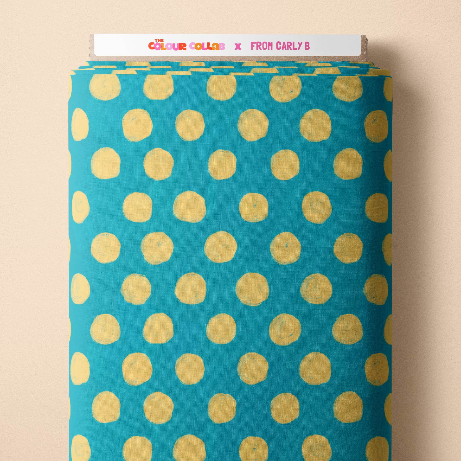 Silly Billy Polka Dots (Blue & Iris) fabric by Carly B mock up on fabric bolt