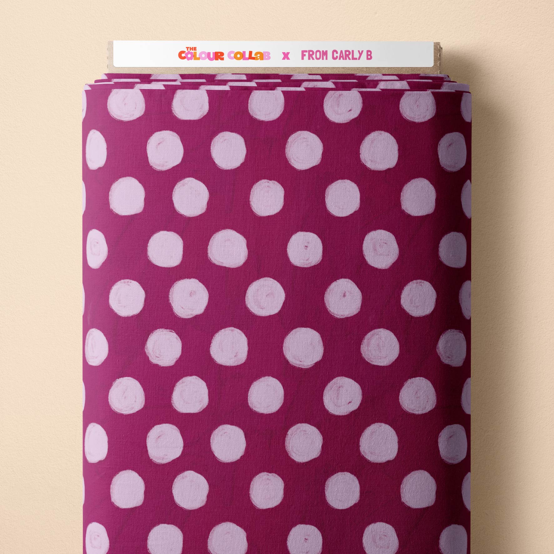 Silly Billy Polka Dots (Ribbon & Launa) fabric by Carly B mock up on fabric bolt