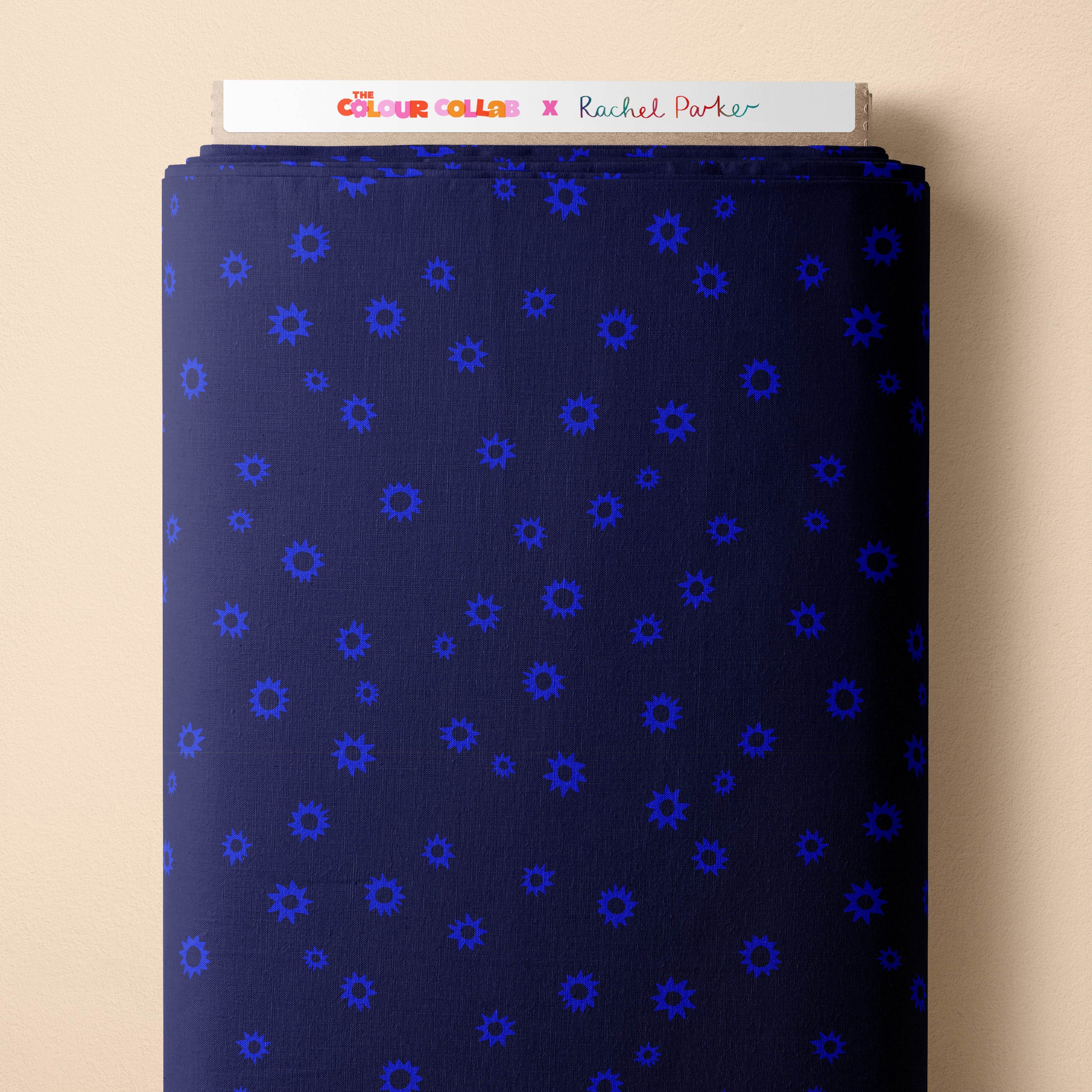 Sketched Stars (Navy) fabric by Rachel Parker mock up on fabric bolt