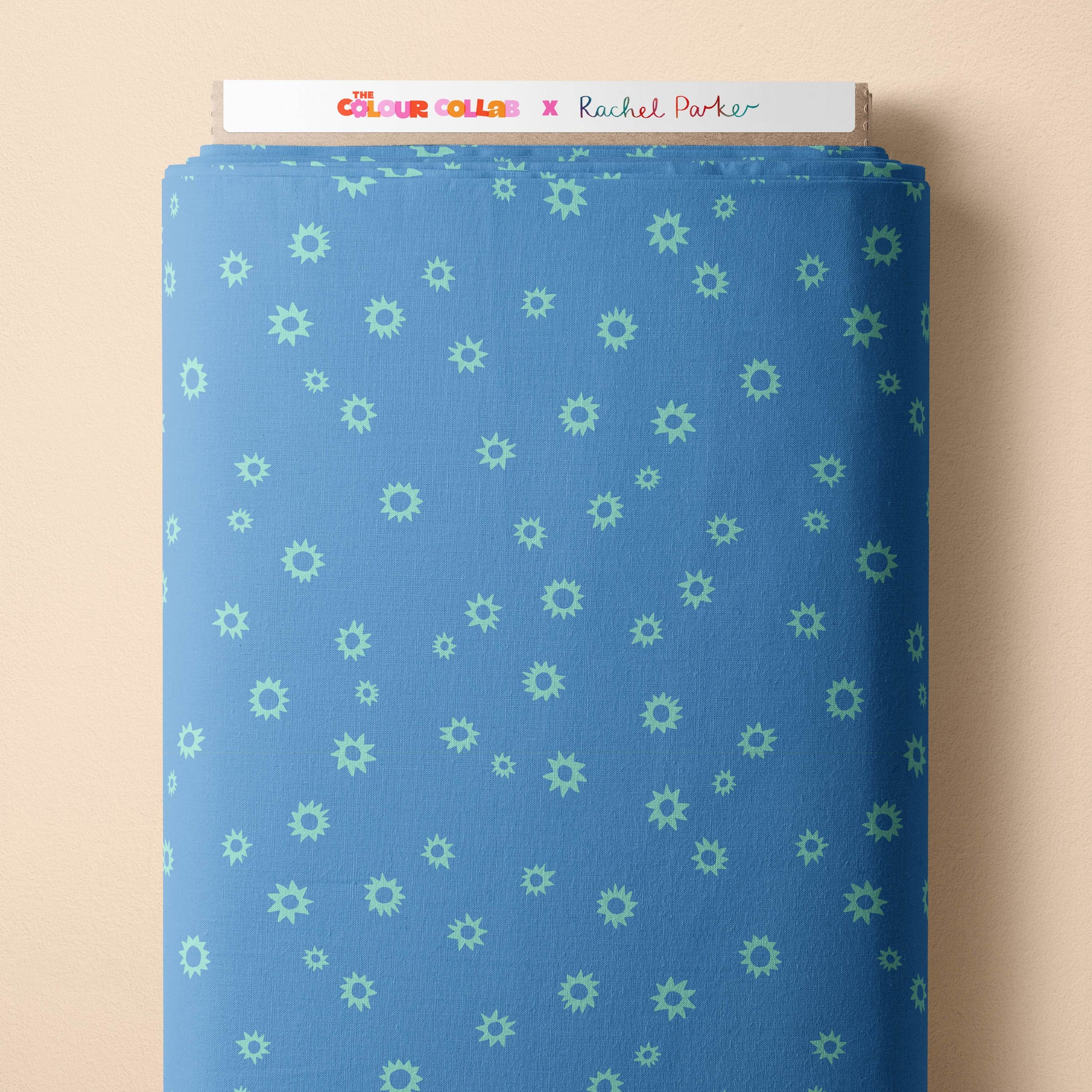 Sketched Stars (Periwinkle) fabric by Rachel Parker mock up on fabric bolt