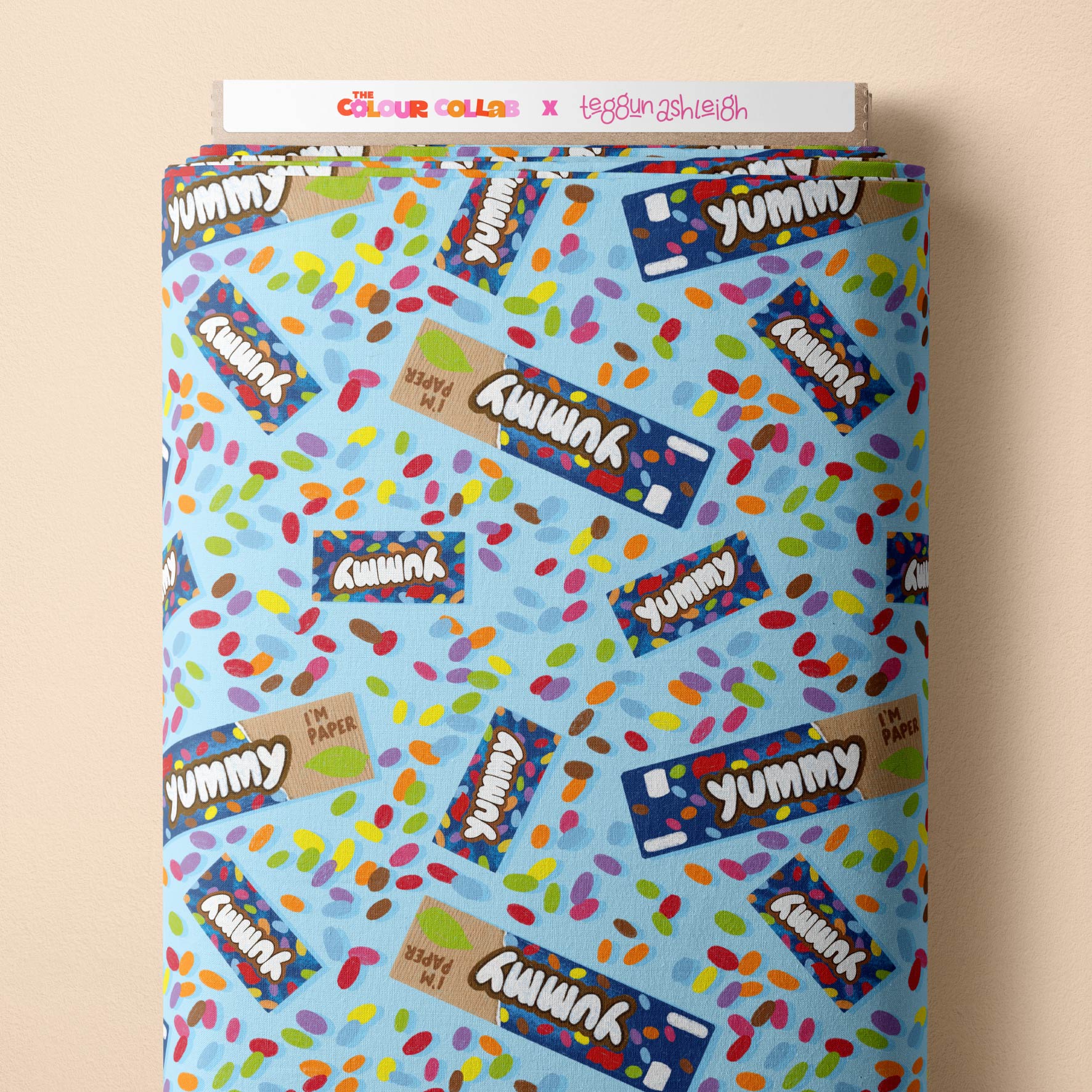 Smarties (Blue) fabric by The Colour Collab mock up on fabric bolt