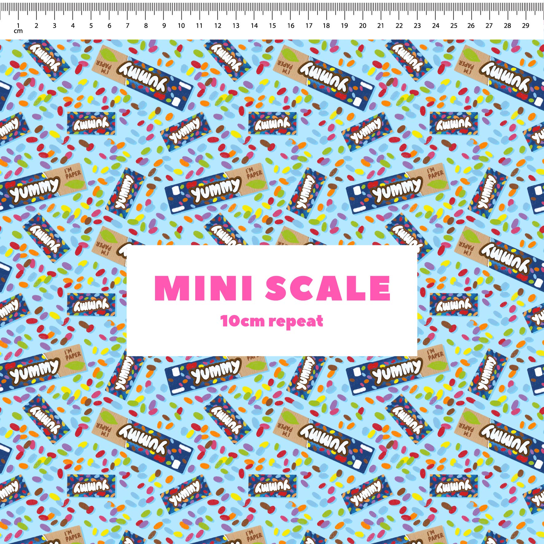 Smarties (Blue) printed cotton fabric by The Colour Collab in 10cm Mini Scale