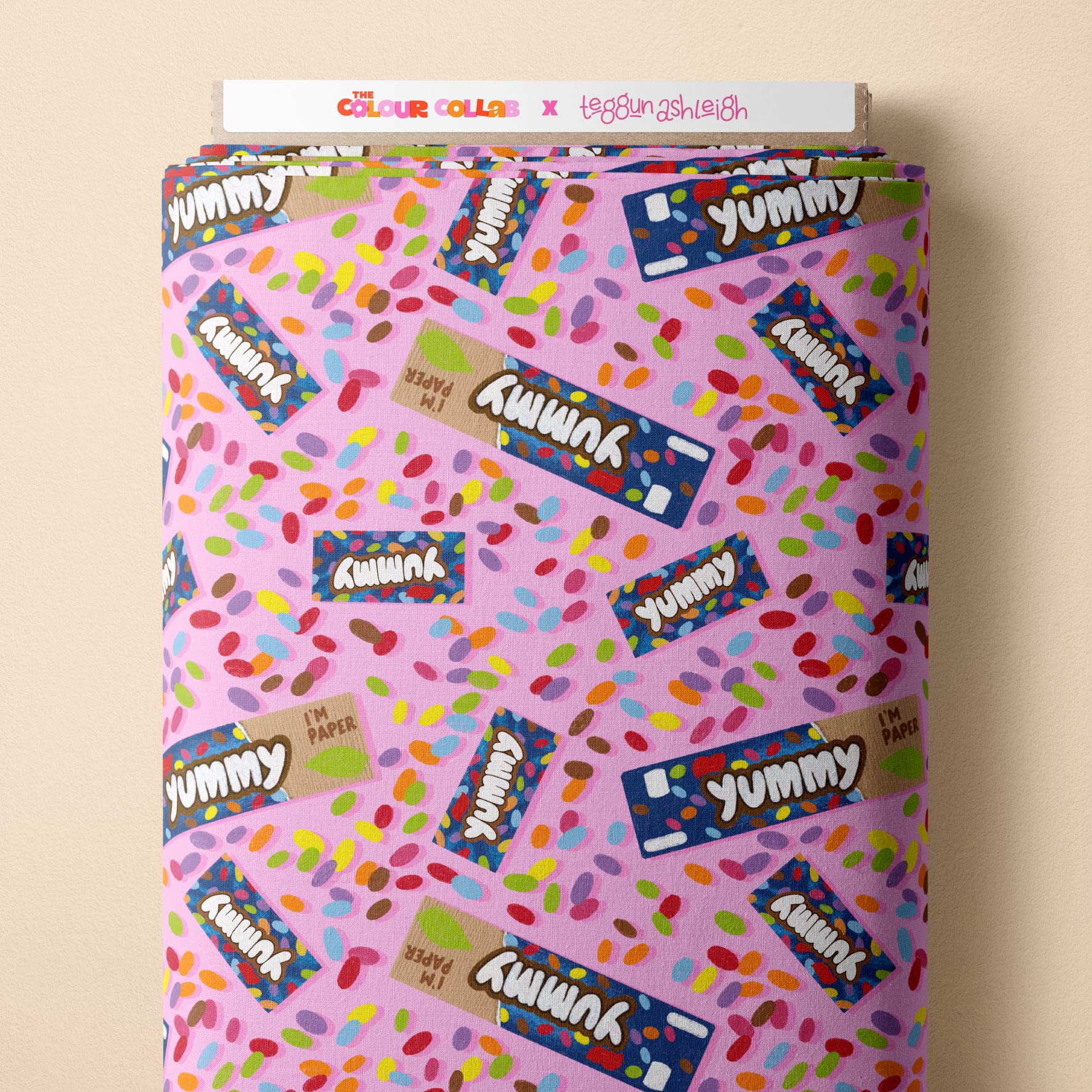 Smarties (Pink) fabric by The Colour Collab mock up on fabric bolt