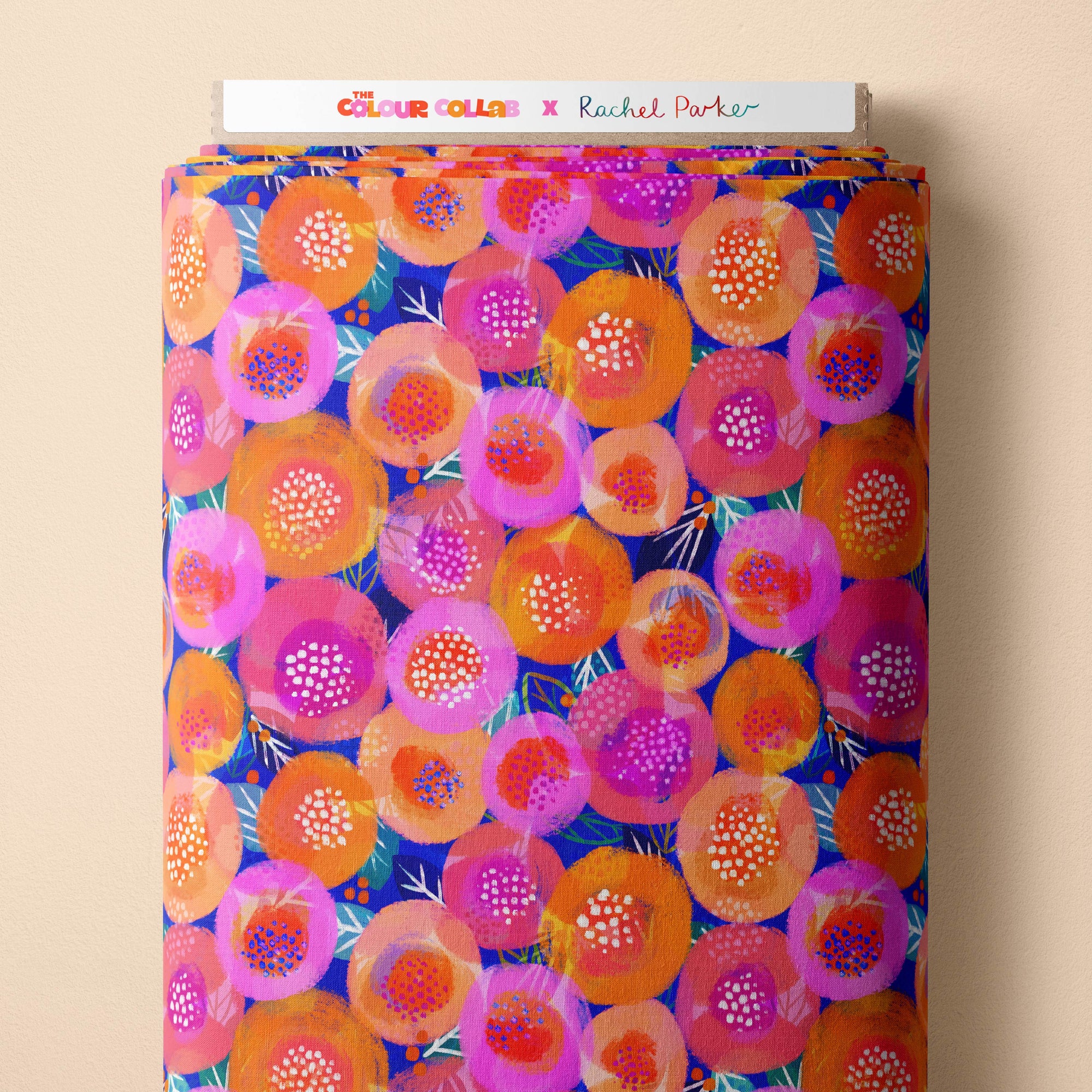 Sunshine Posy (Navy) fabric by Rachel Parker mock up on fabric bolt