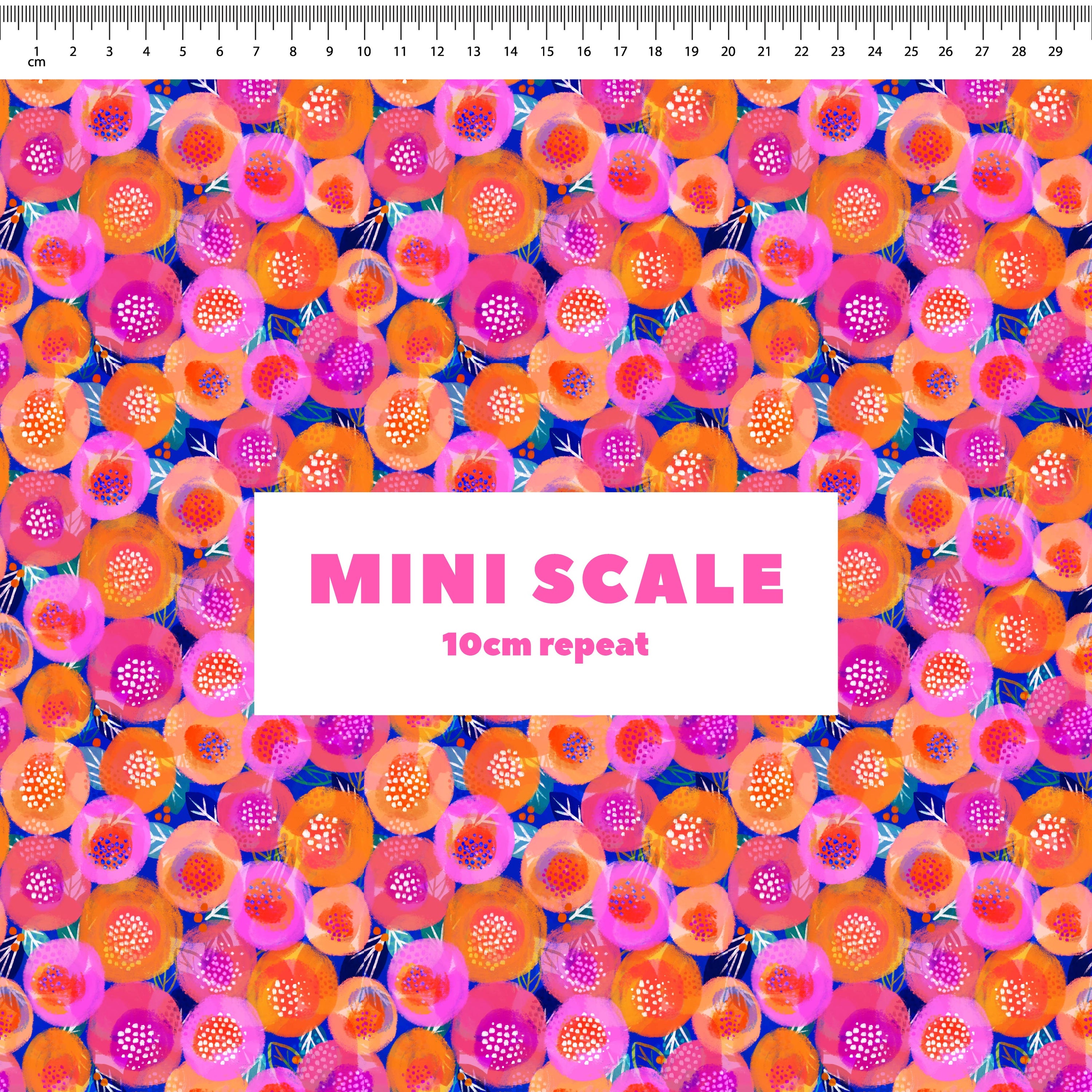Sunshine Posy (Navy) printed cotton fabric by Rachel Parker in 10cm Mini Scale