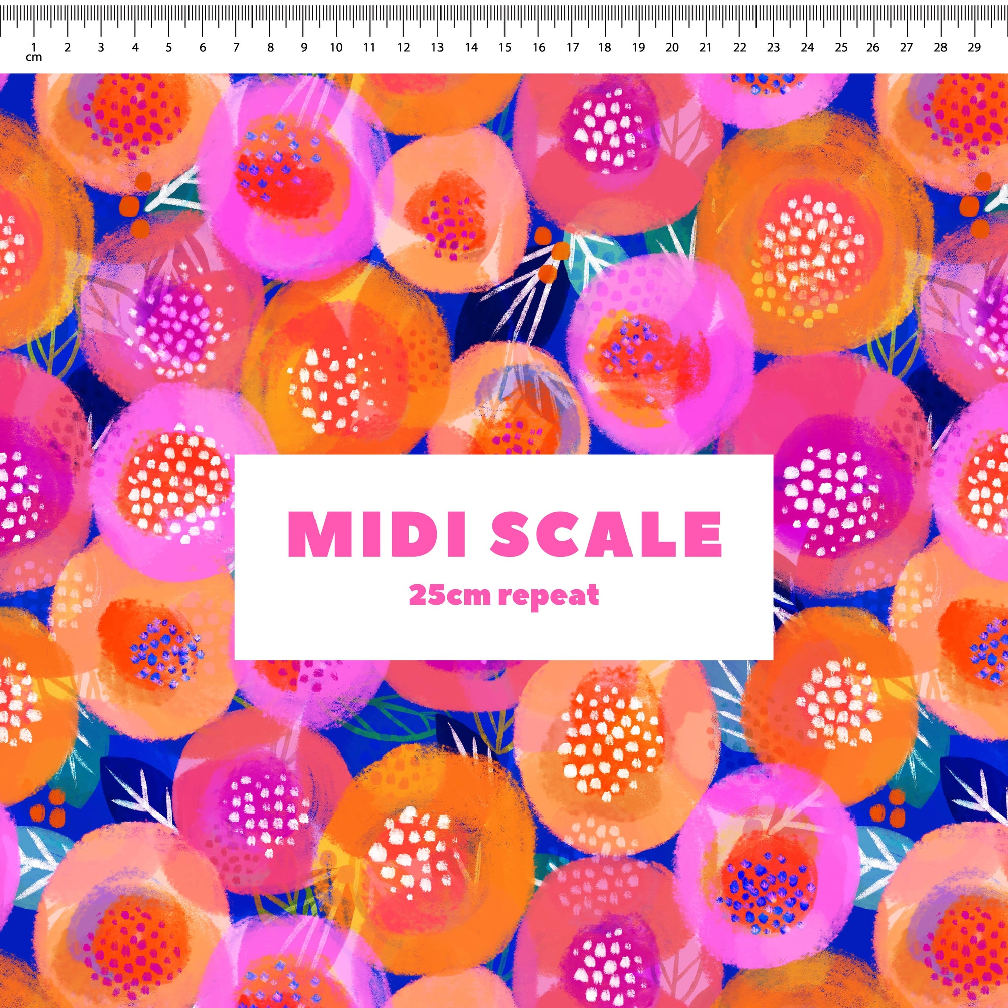 Sunshine Posy (Navy) fabric design by Rachel Parker in 25cm Midi Scale