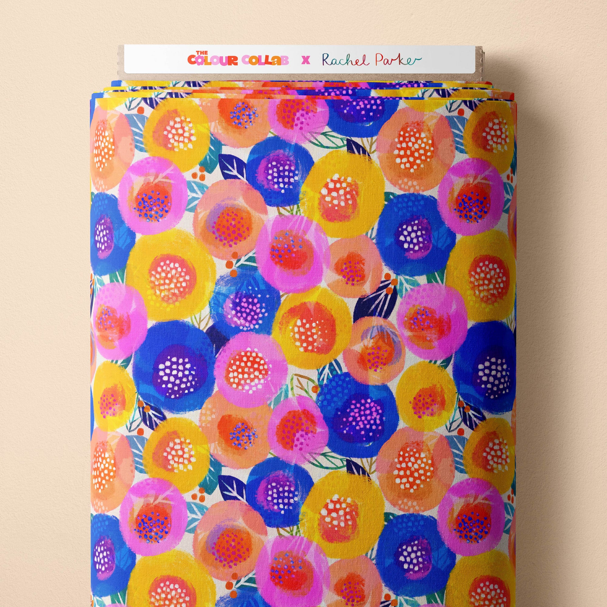 Sunshine Posy (White) fabric by Rachel Parker mock up on fabric bolt