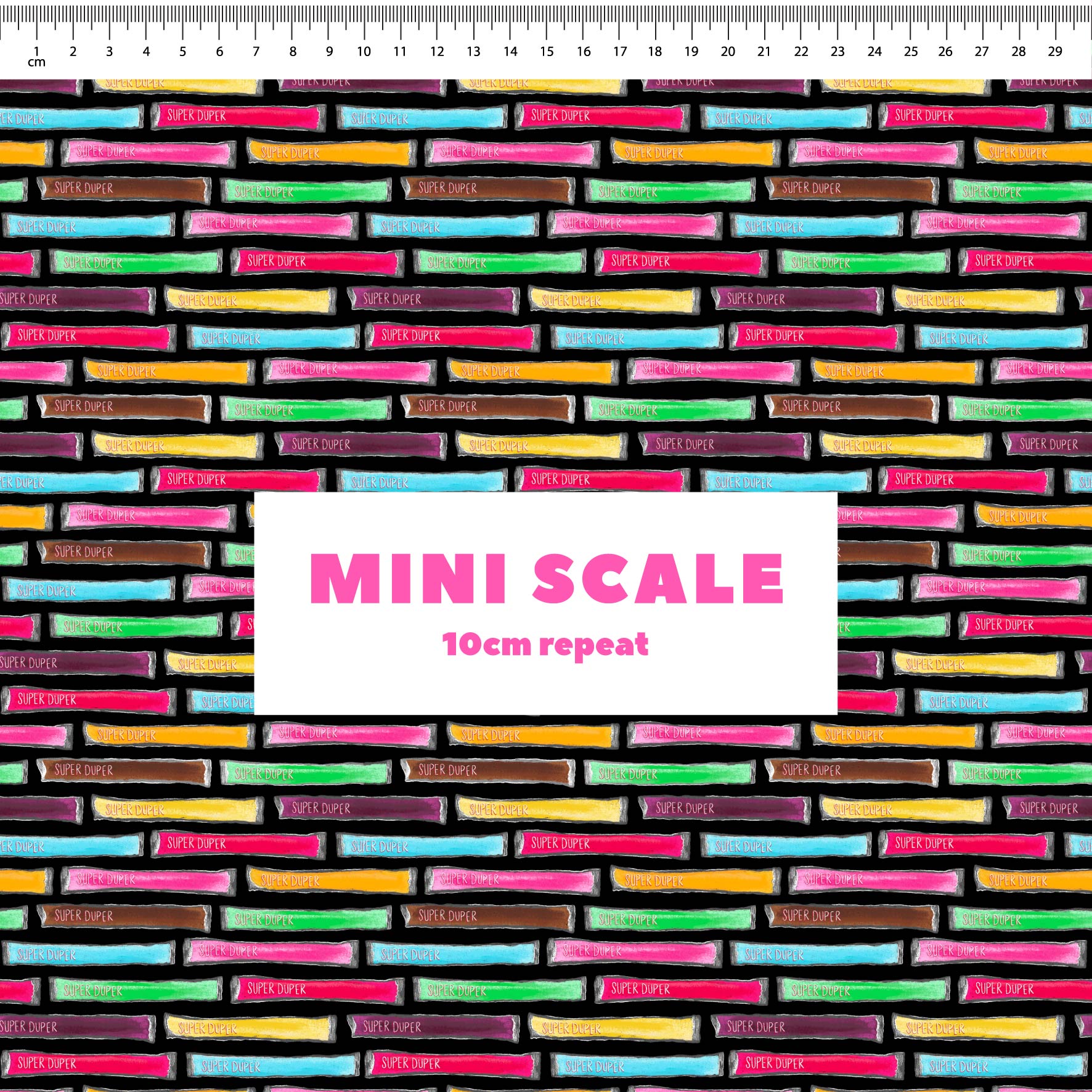 Super Duper (Black) printed cotton fabric by The Colour Collab in 10cm Mini Scale