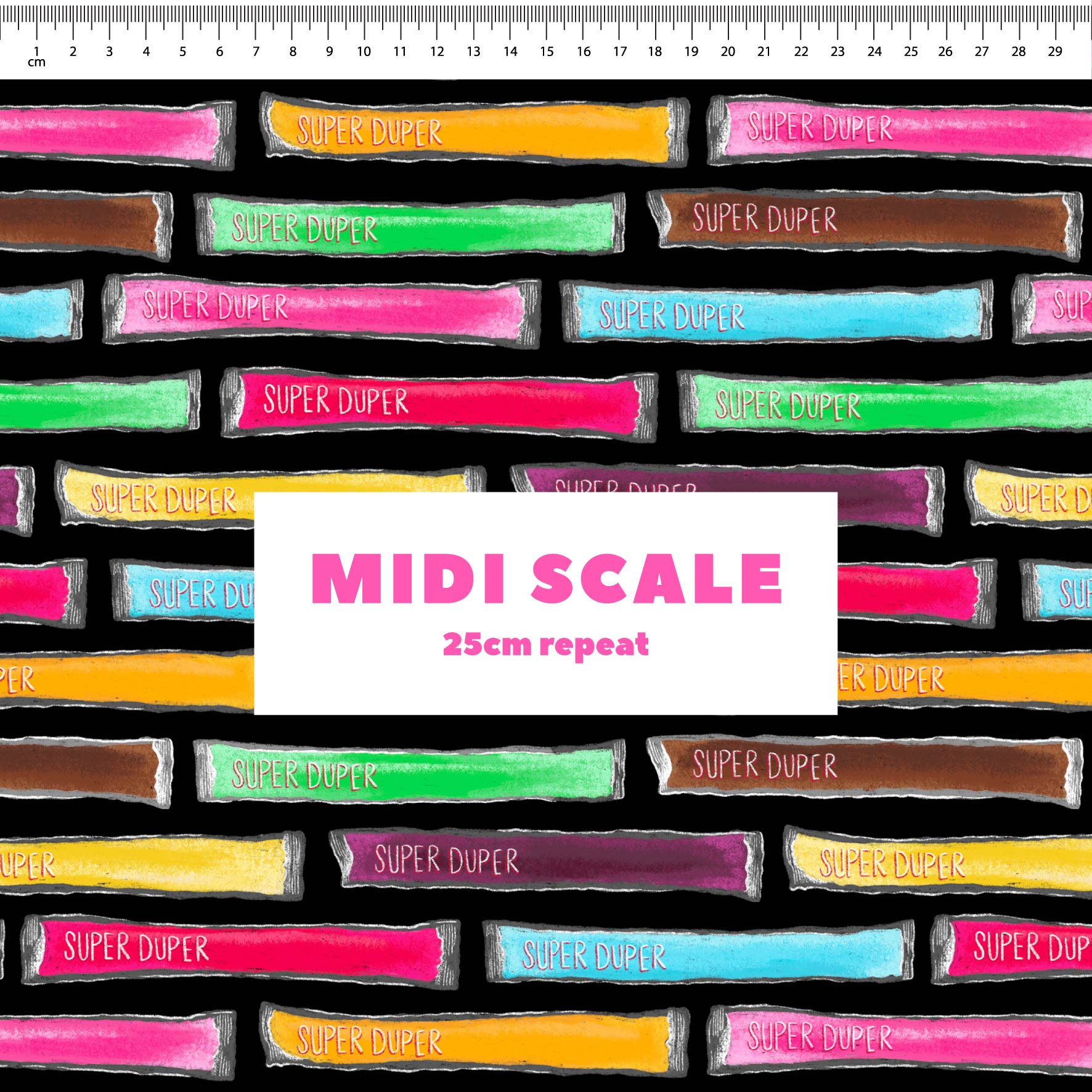 Super Duper (Black) fabric design by The Colour Collab in 25cm Midi Scale
