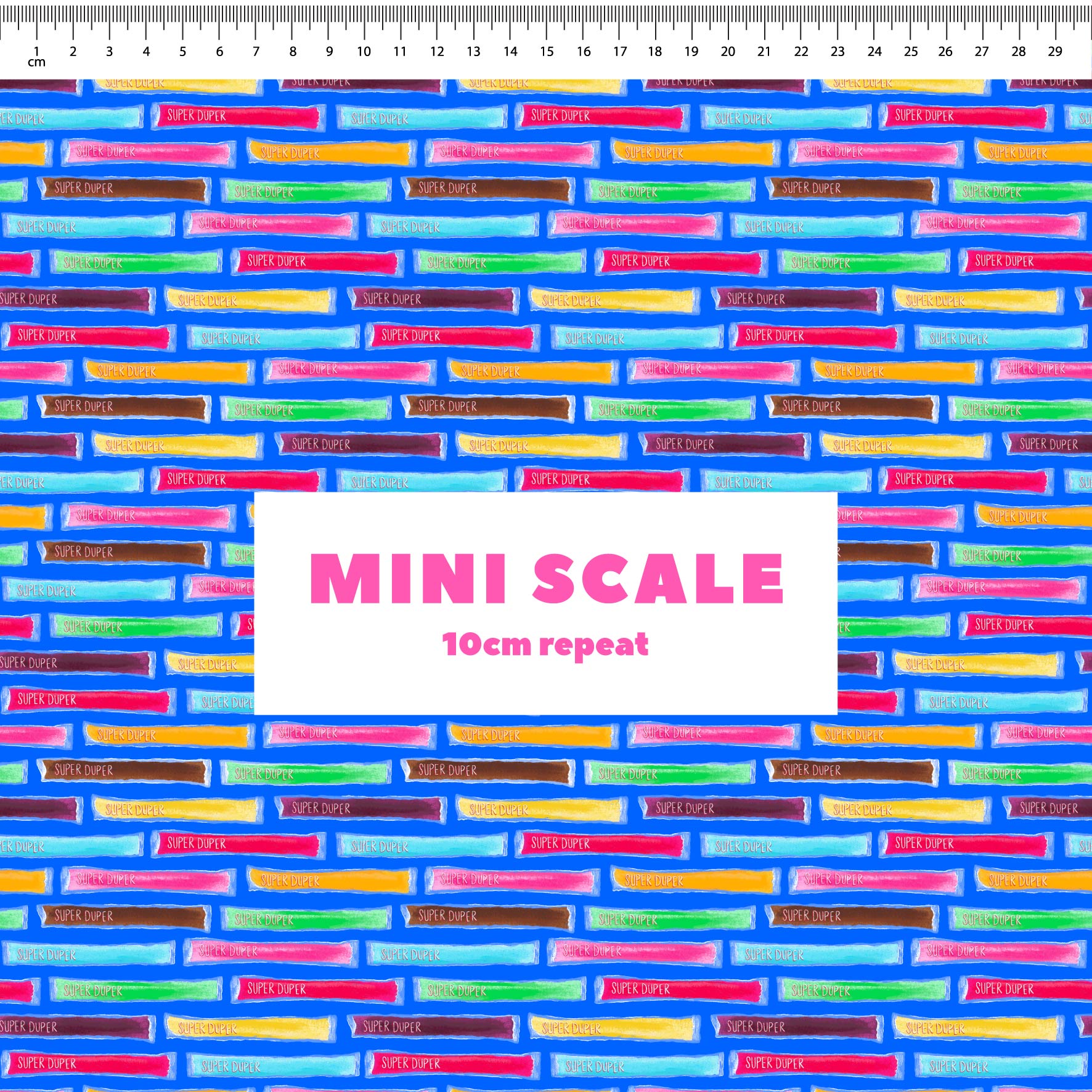 Super Duper (Blue) printed cotton fabric by The Colour Collab in 10cm Mini Scale