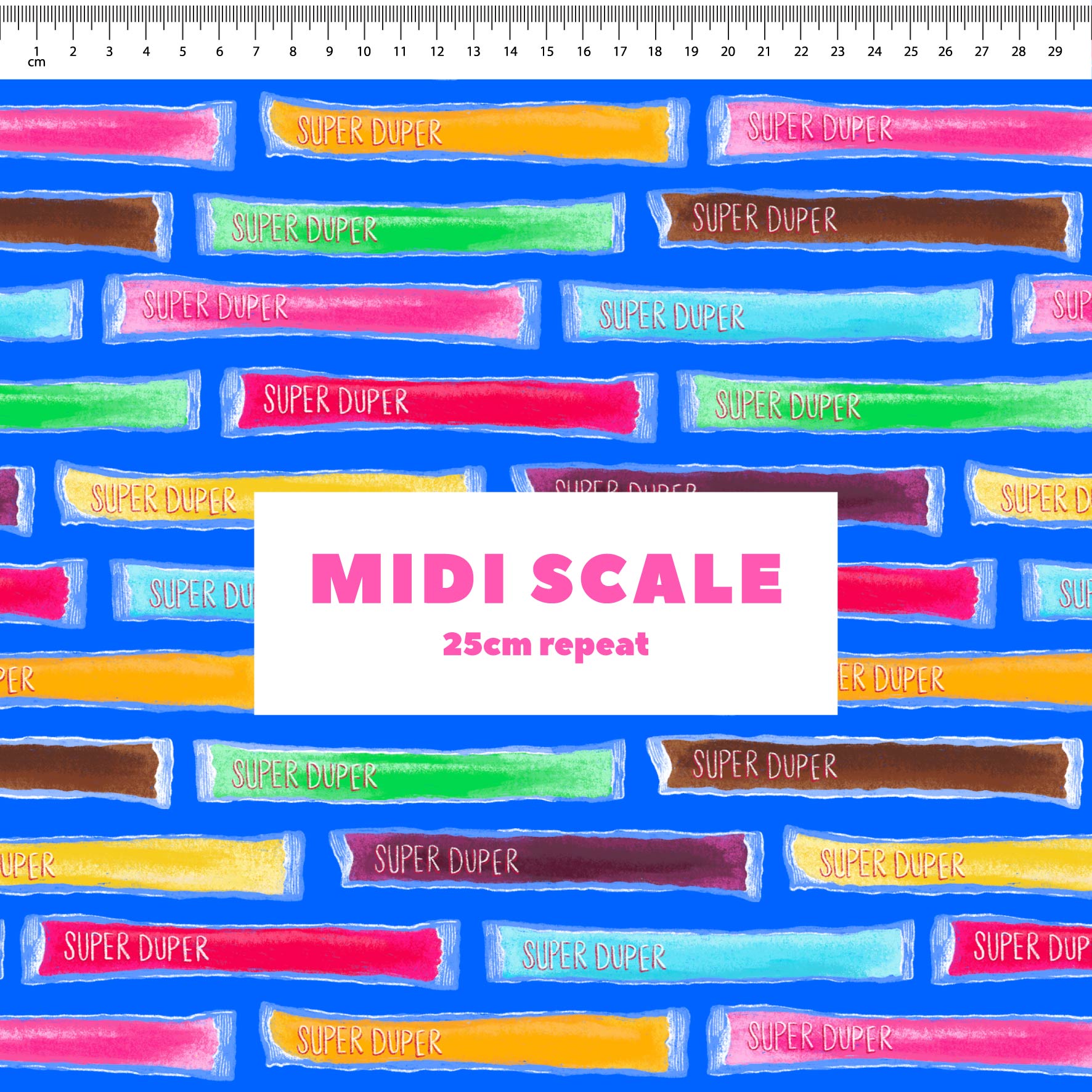 Super Duper (Blue) fabric design by The Colour Collab in 25cm Midi Scale