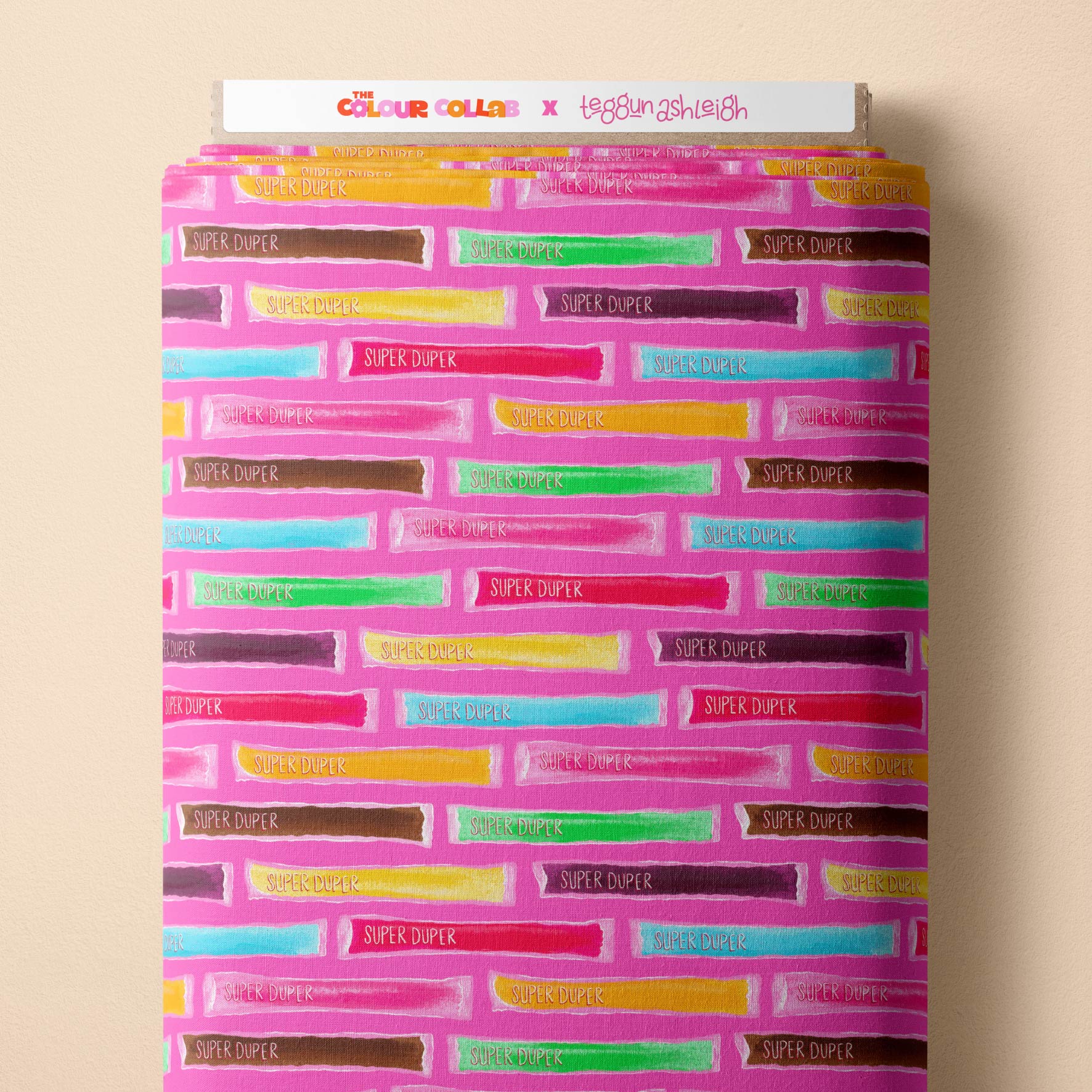 Super Duper (Pink) fabric by The Colour Collab mock up on fabric bolt
