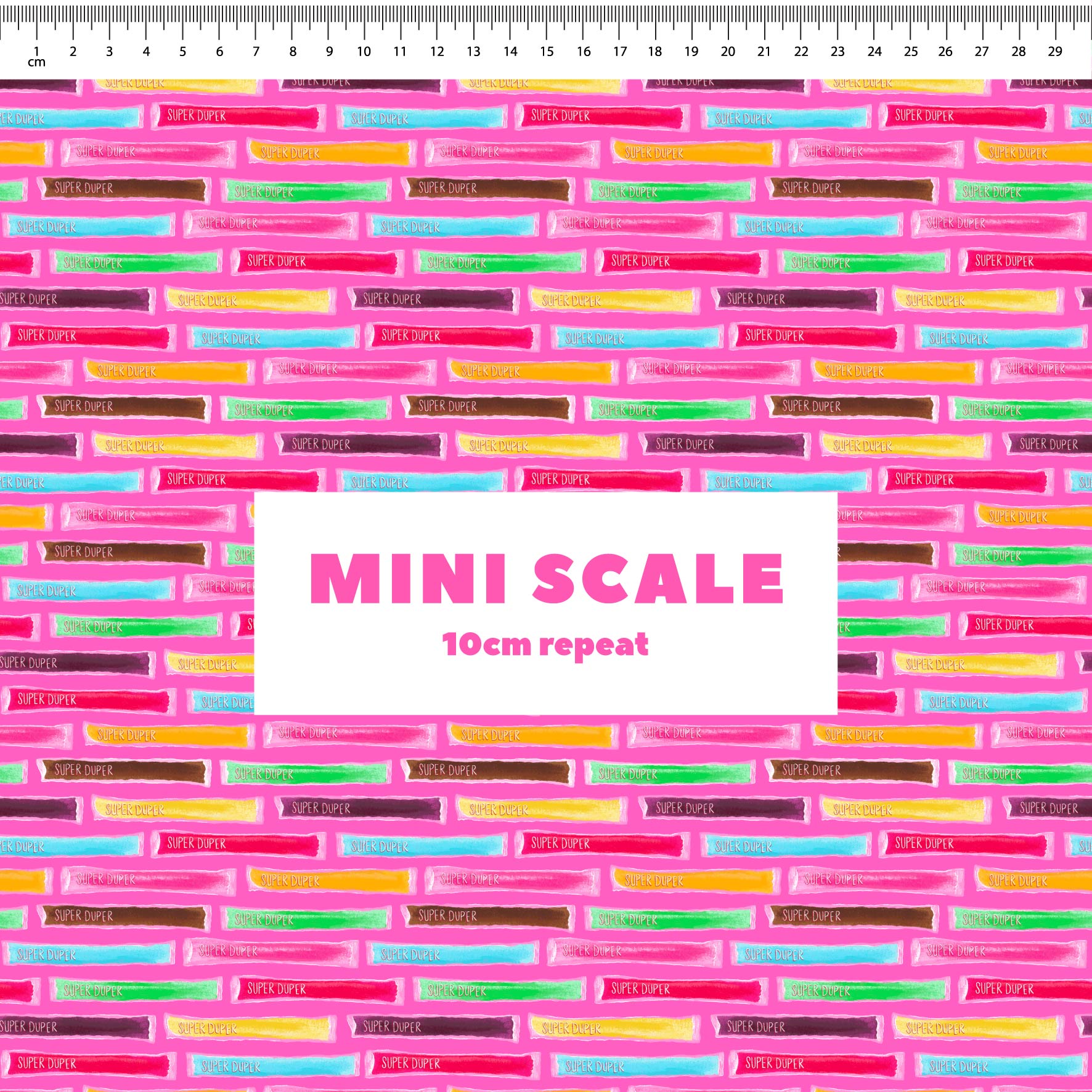 Super Duper (Pink) printed cotton fabric by The Colour Collab in 10cm Mini Scale