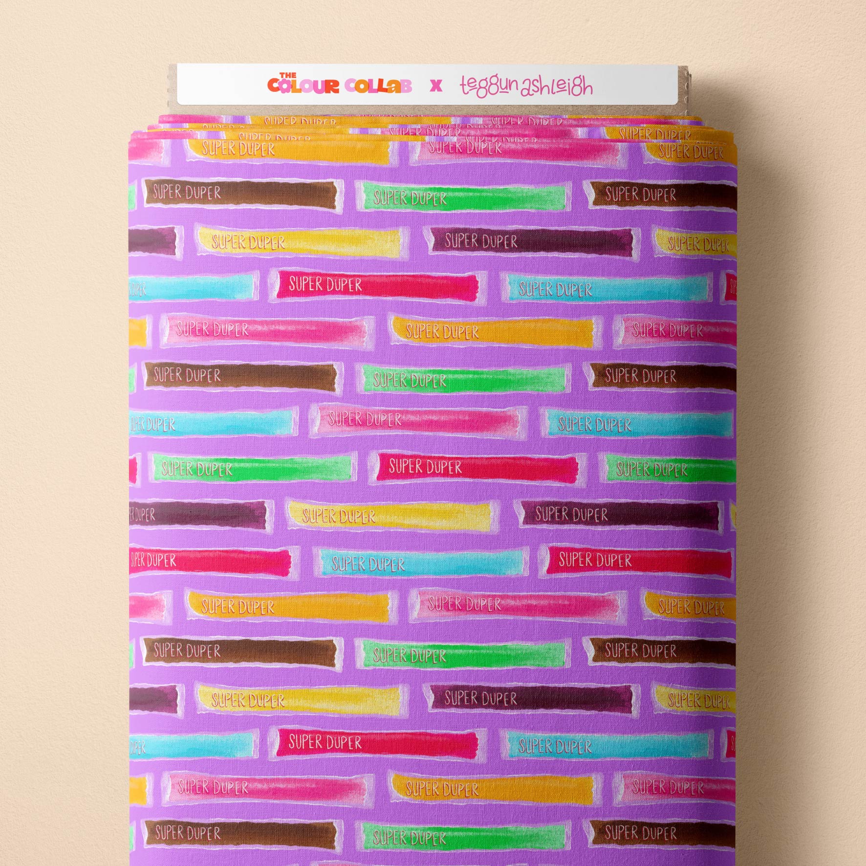 Super Duper (Purple) fabric by The Colour Collab mock up on fabric bolt