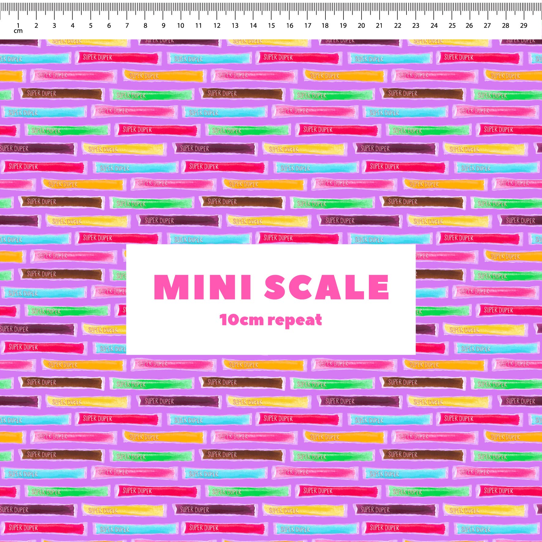 Super Duper (Purple) printed cotton fabric by The Colour Collab in 10cm Mini Scale