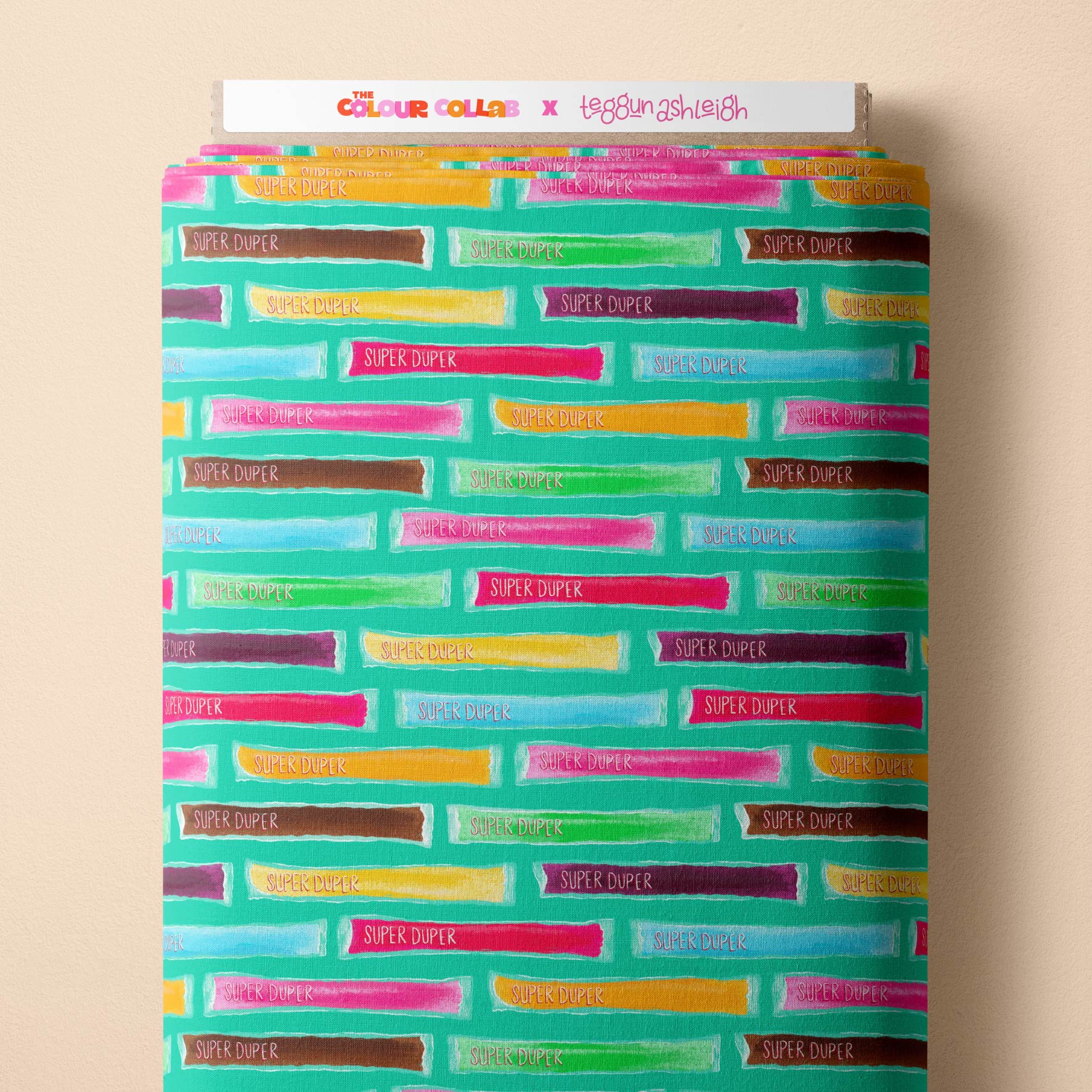 Super Duper (Teal) fabric by The Colour Collab mock up on fabric bolt