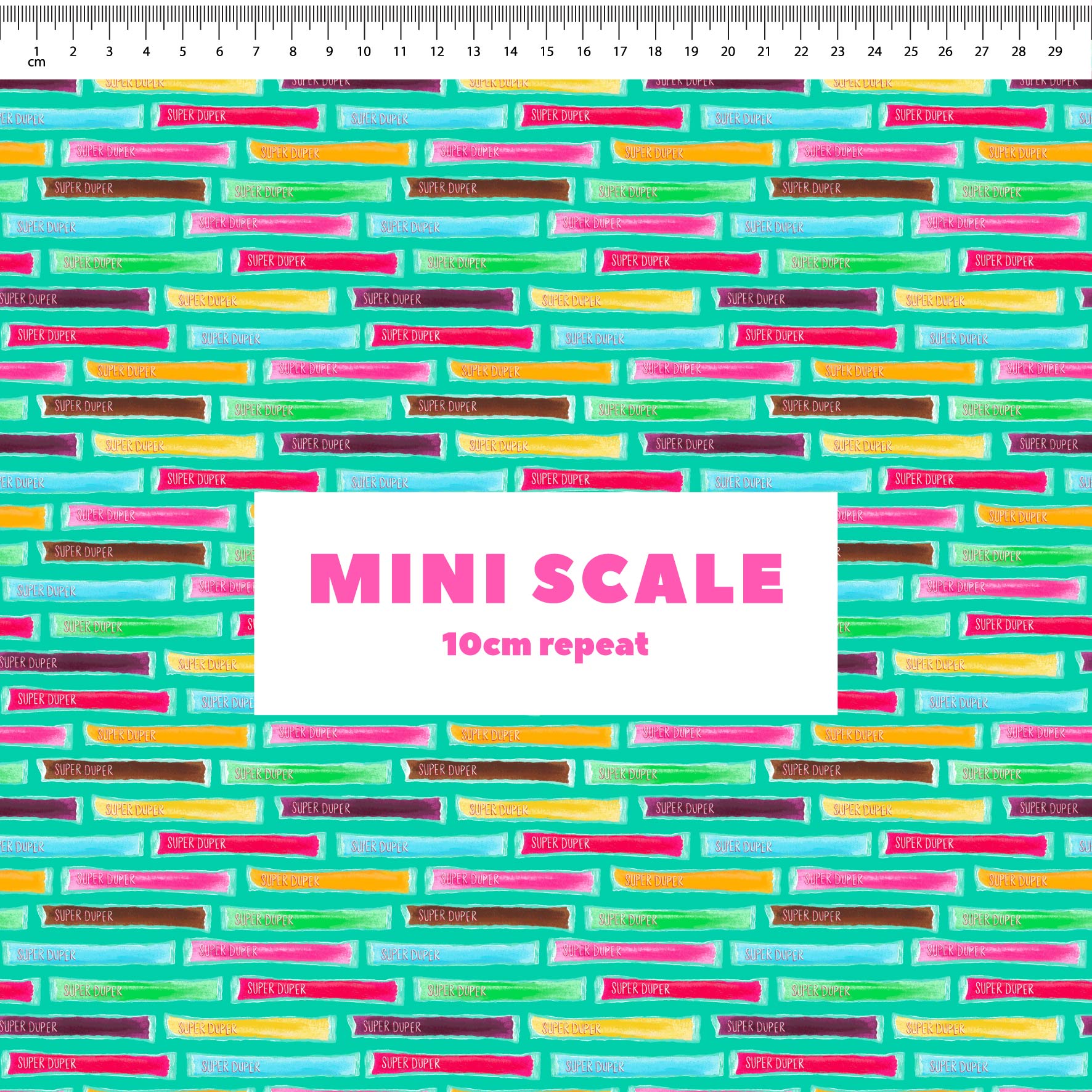 Super Duper (Teal) printed cotton fabric by The Colour Collab in 10cm Mini Scale