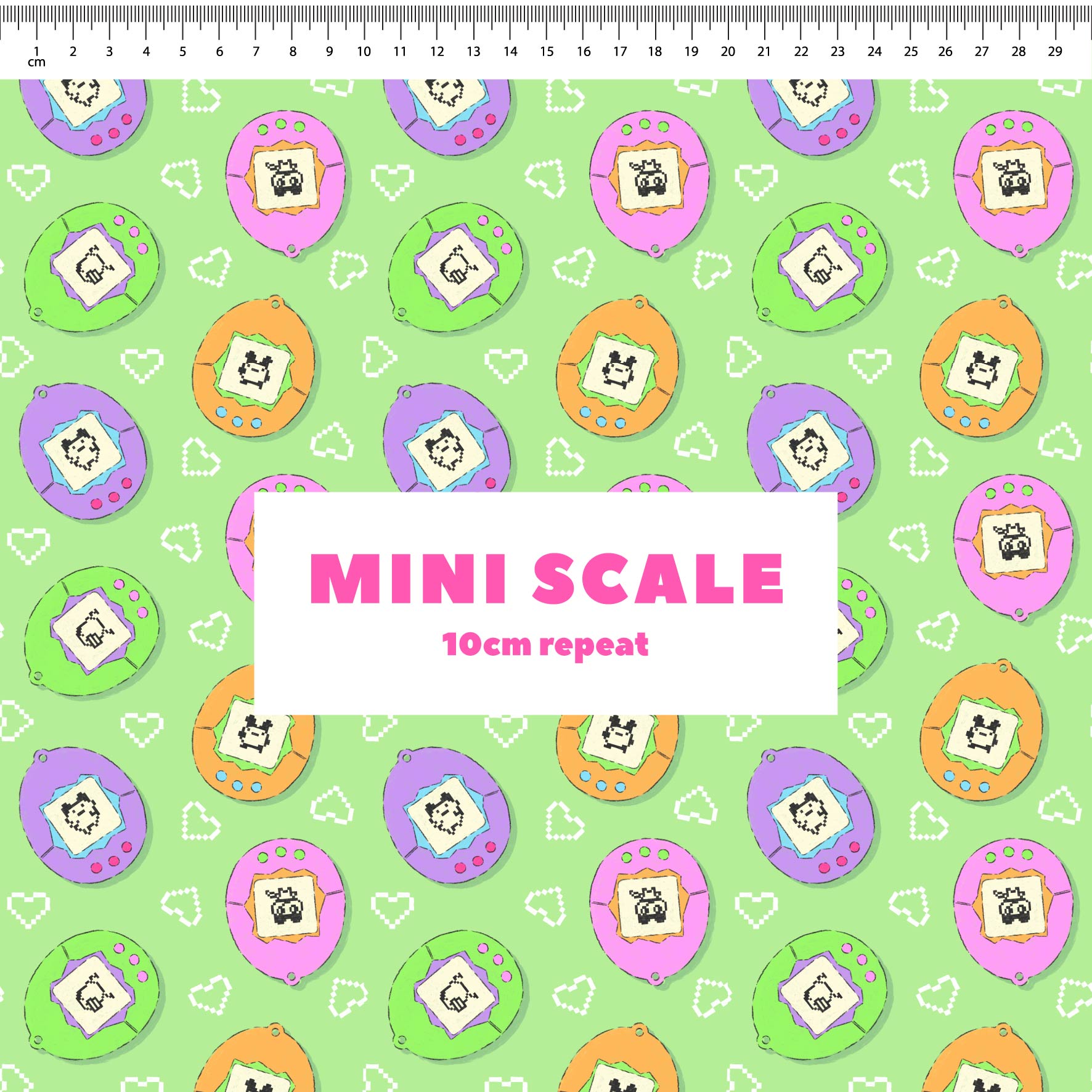 Tamagotchi (Green) printed cotton fabric by The Colour Collab in 10cm Mini Scale