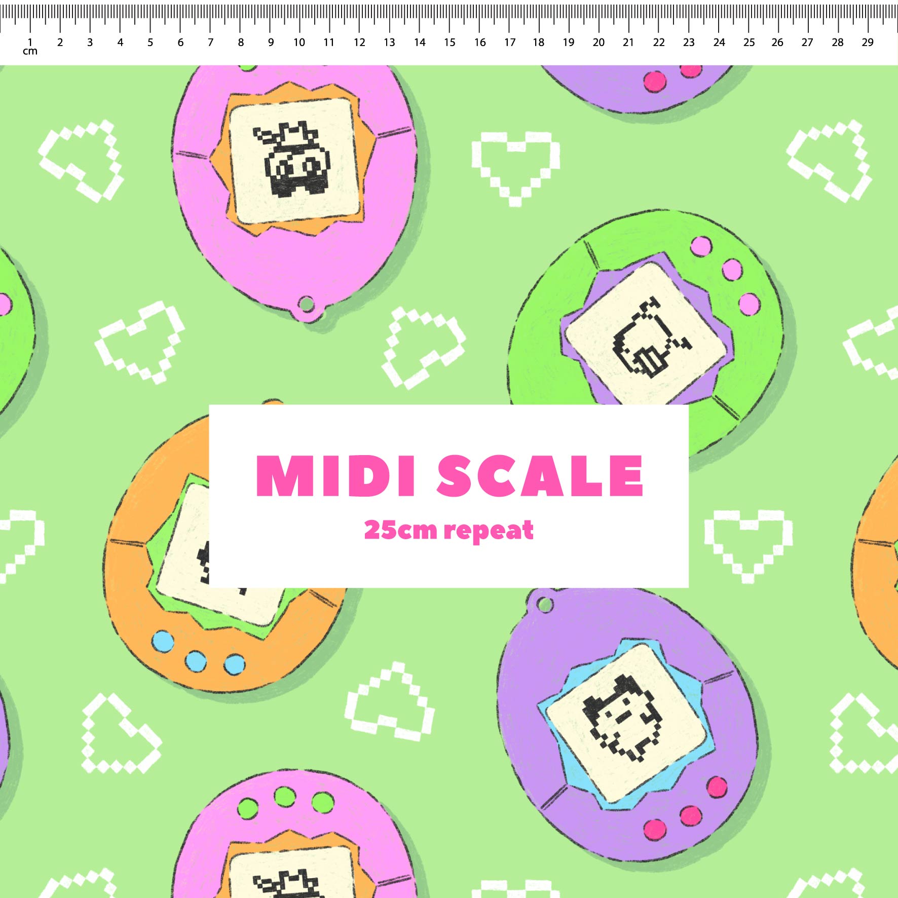 Tamagotchi (Green) fabric design by The Colour Collab in 25cm Midi Scale