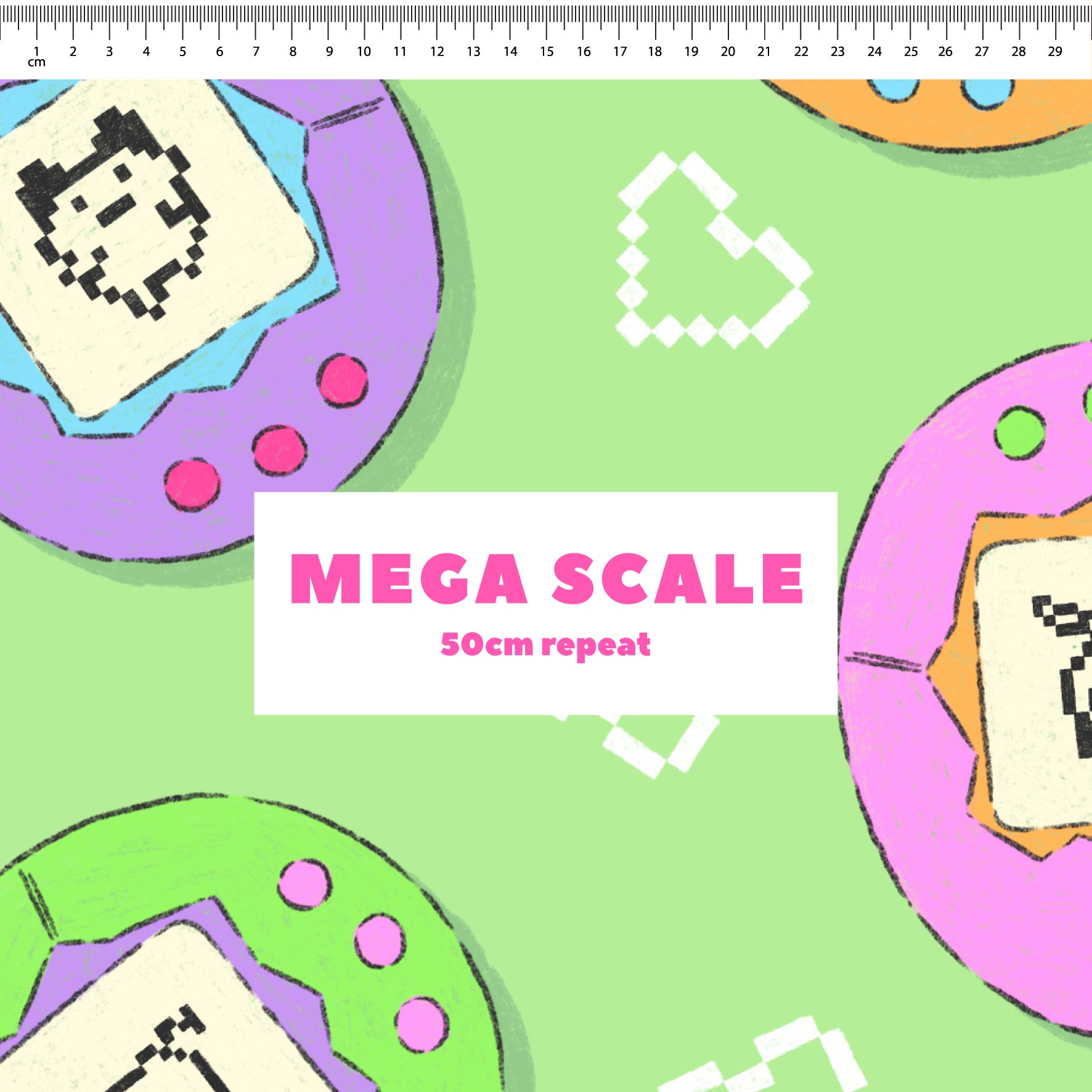 Tamagotchi (Green) fabric print by The Colour Collab in 50cm Mega Scale