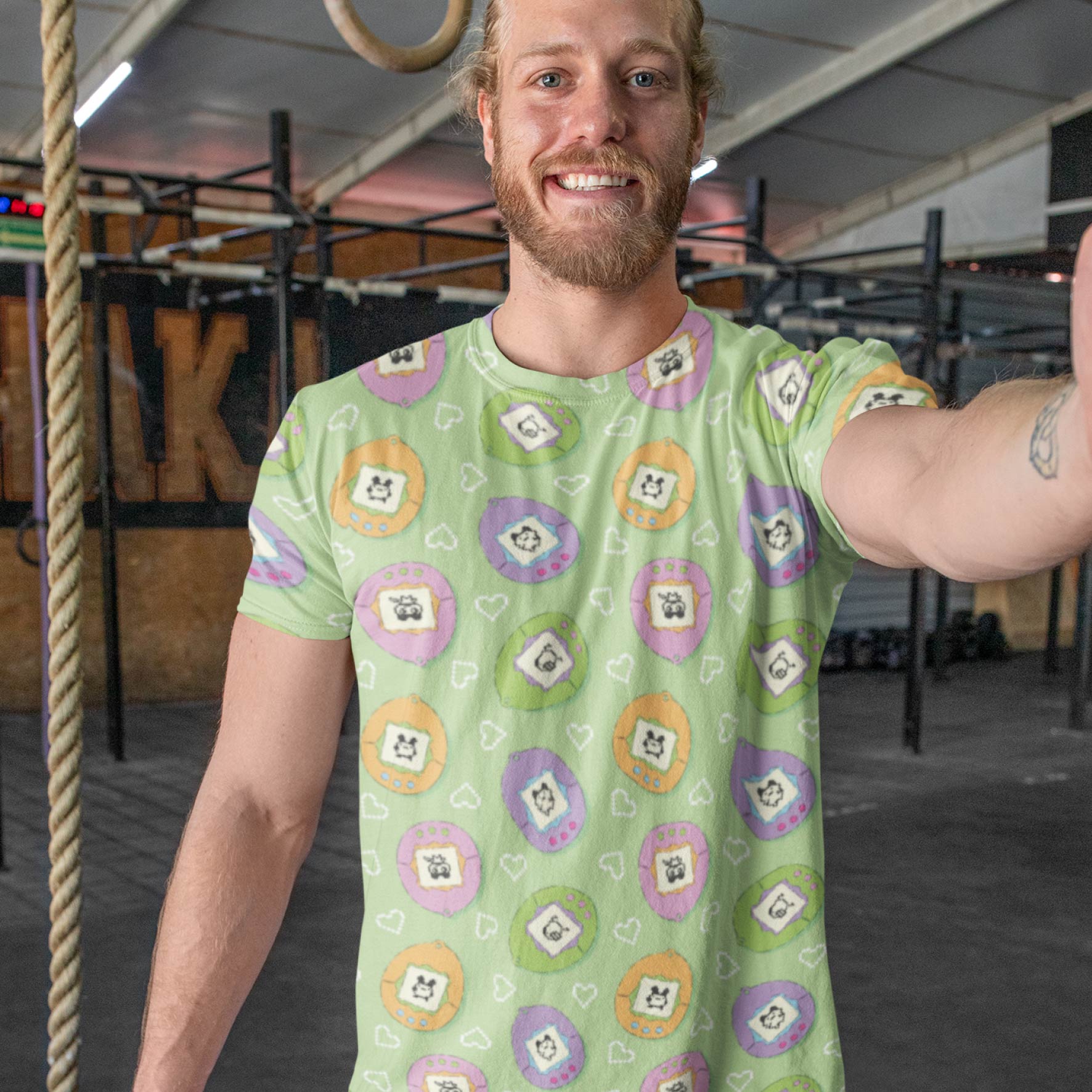 Tamagotchi (Green) colourful printed fabric by The Colour Collab