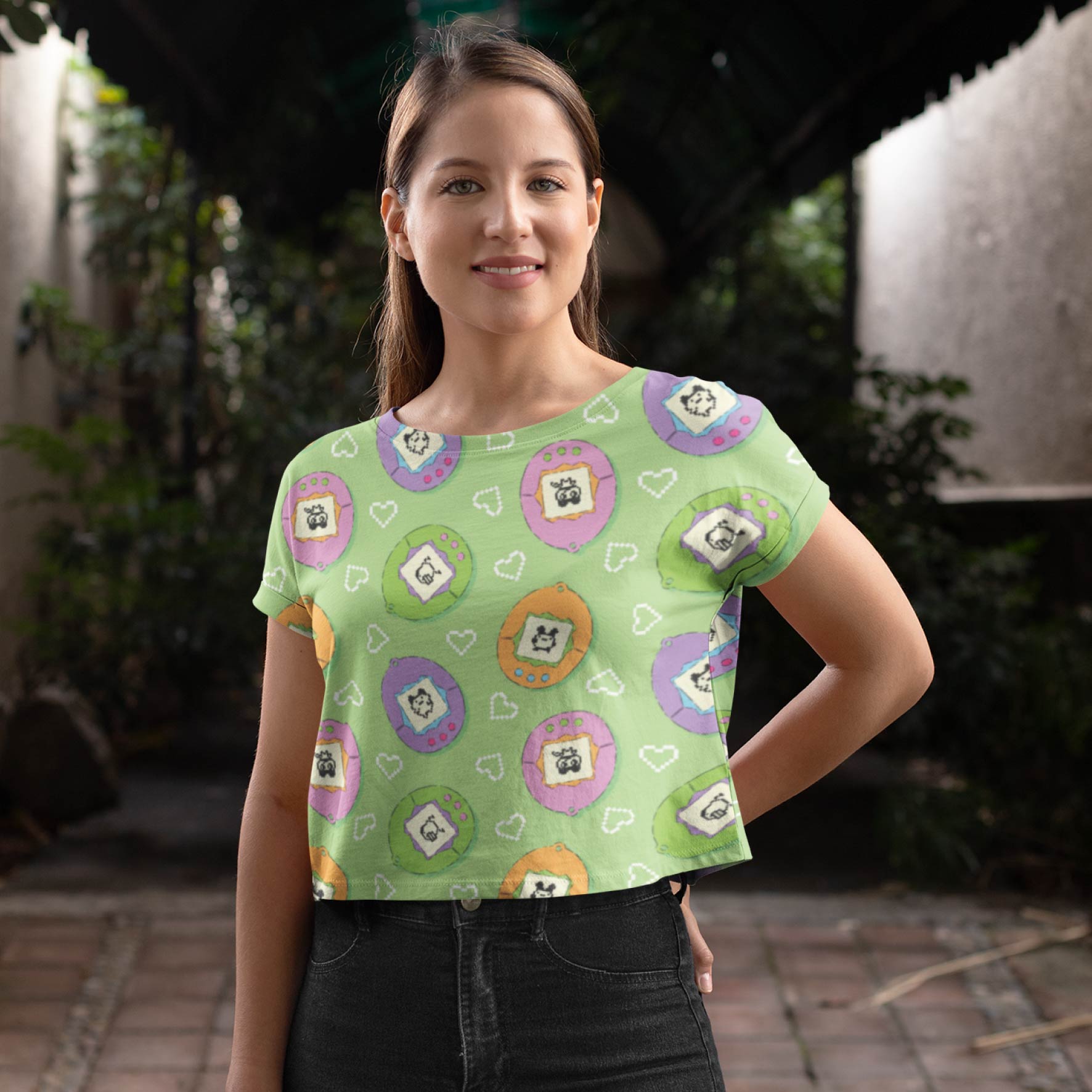 Tamagotchi (Green) cotton fabric by The Colour Collab
