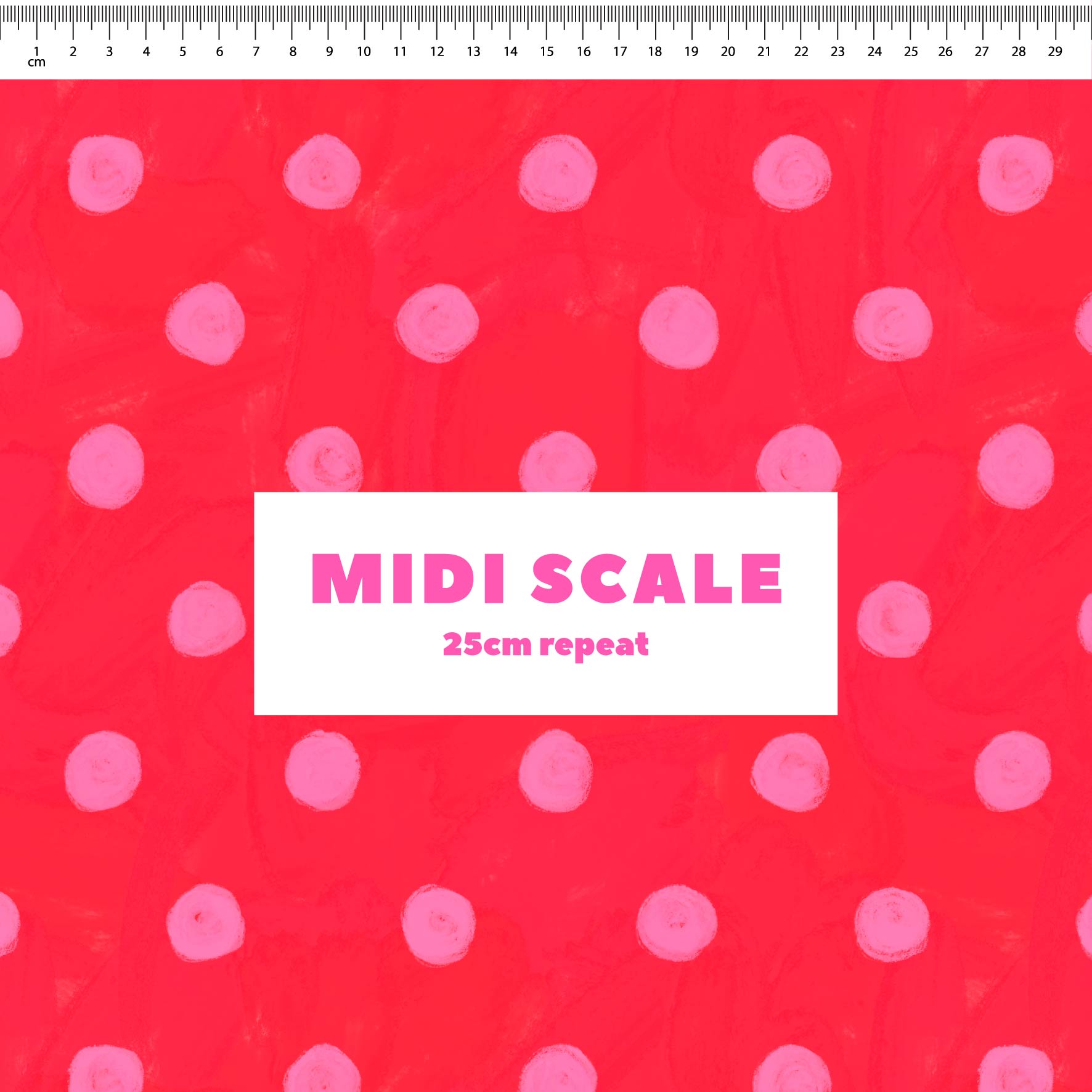 Teeny Tiny Polka Dots (Bubblegum & Watermelon) fabric design by Carly B in 25cm Midi Scale