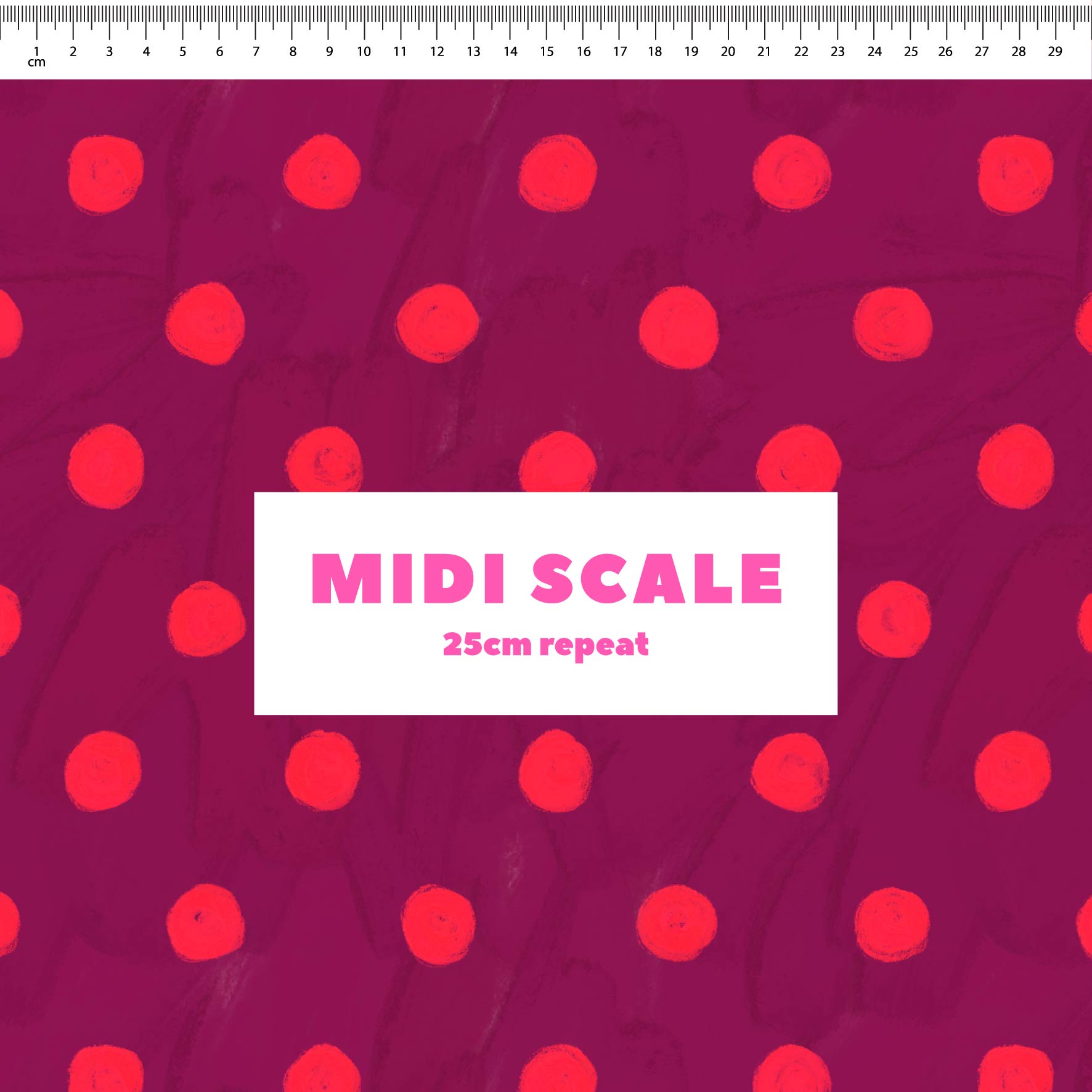 Teeny Tiny Polka Dots (Ribbon & Watermelon) fabric design by Carly B in 25cm Midi Scale