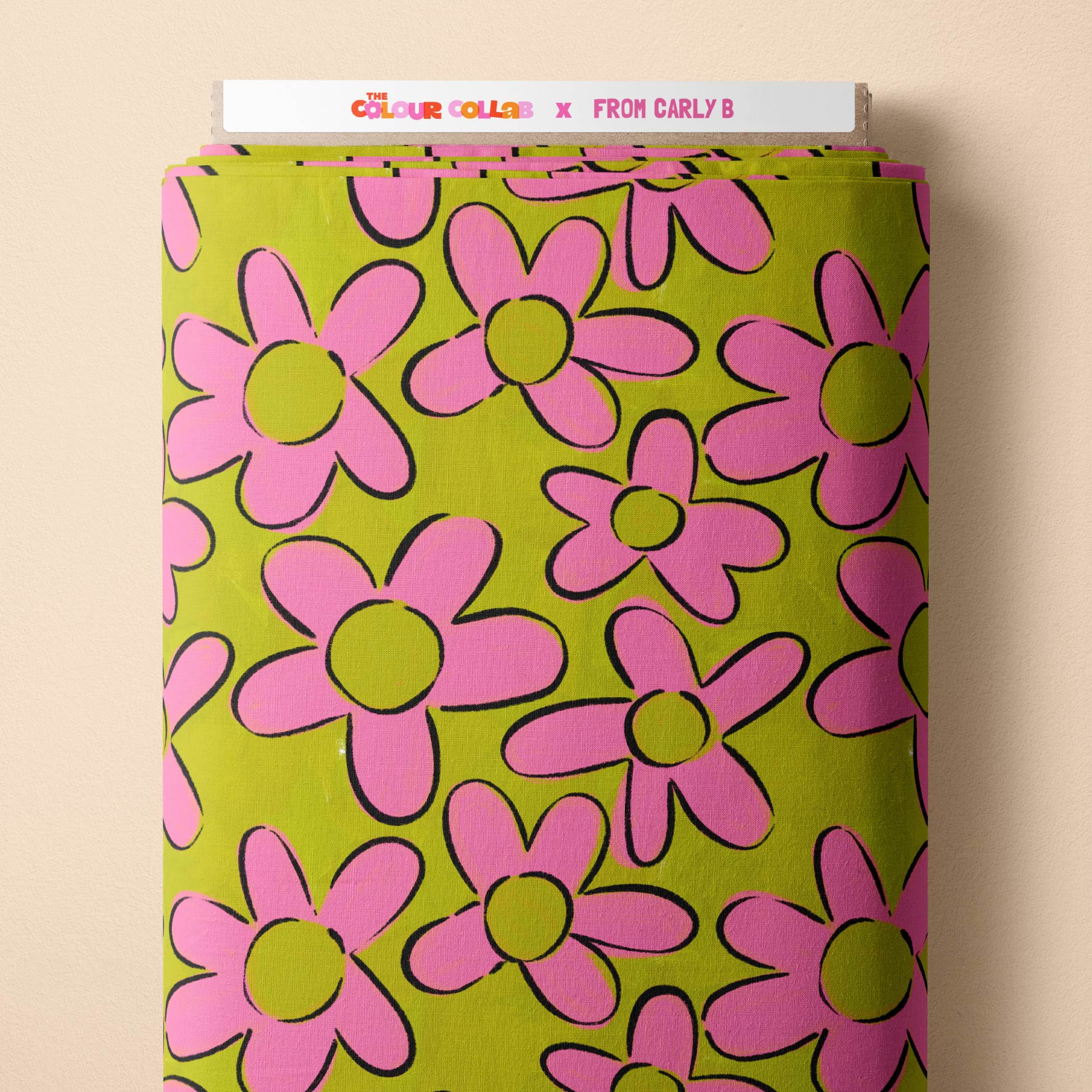 The Beautifuls (Grass & Bubblegum) fabric by Carly B mock up on fabric bolt