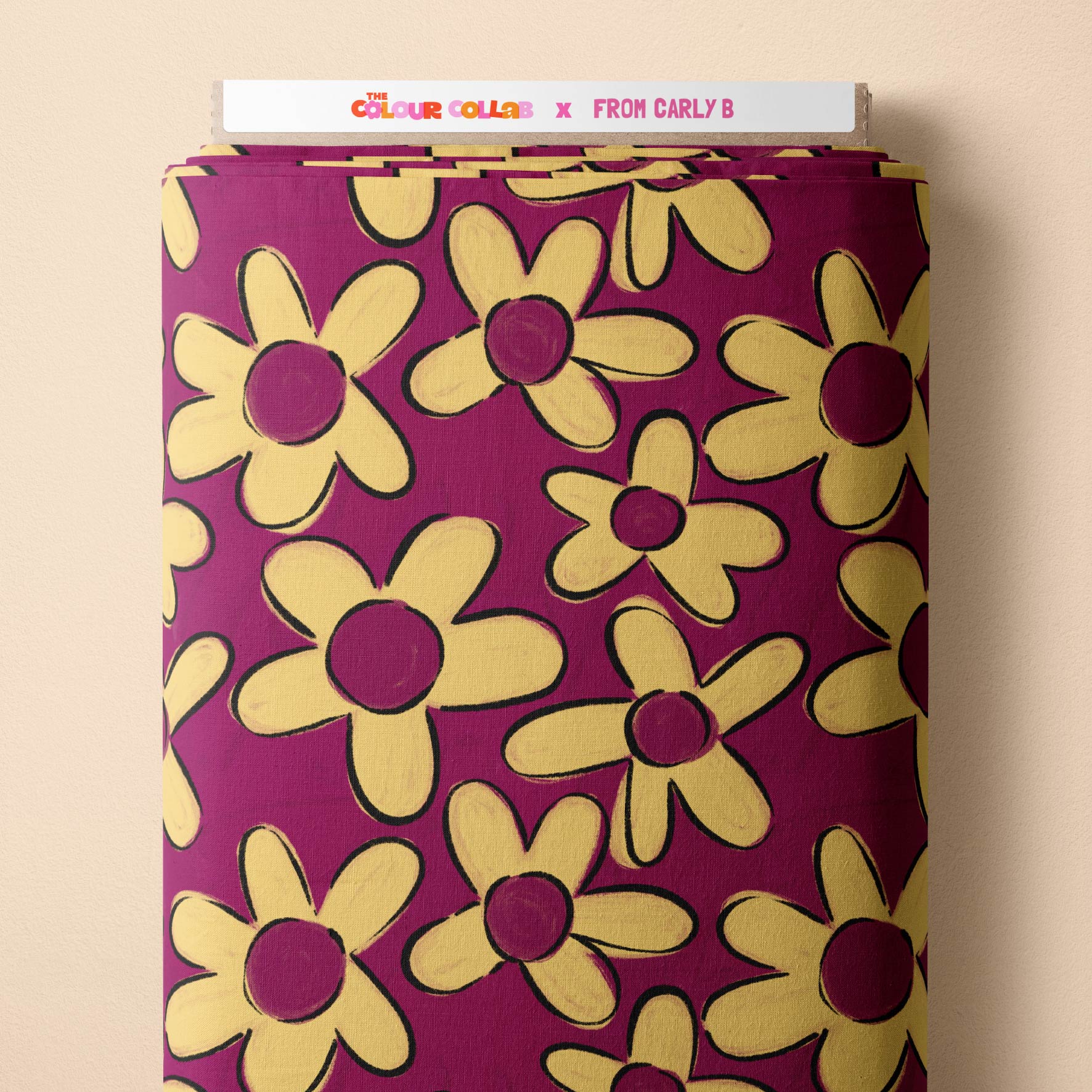 The Beautifuls (Ribbon & Iris) fabric by Carly B mock up on fabric bolt