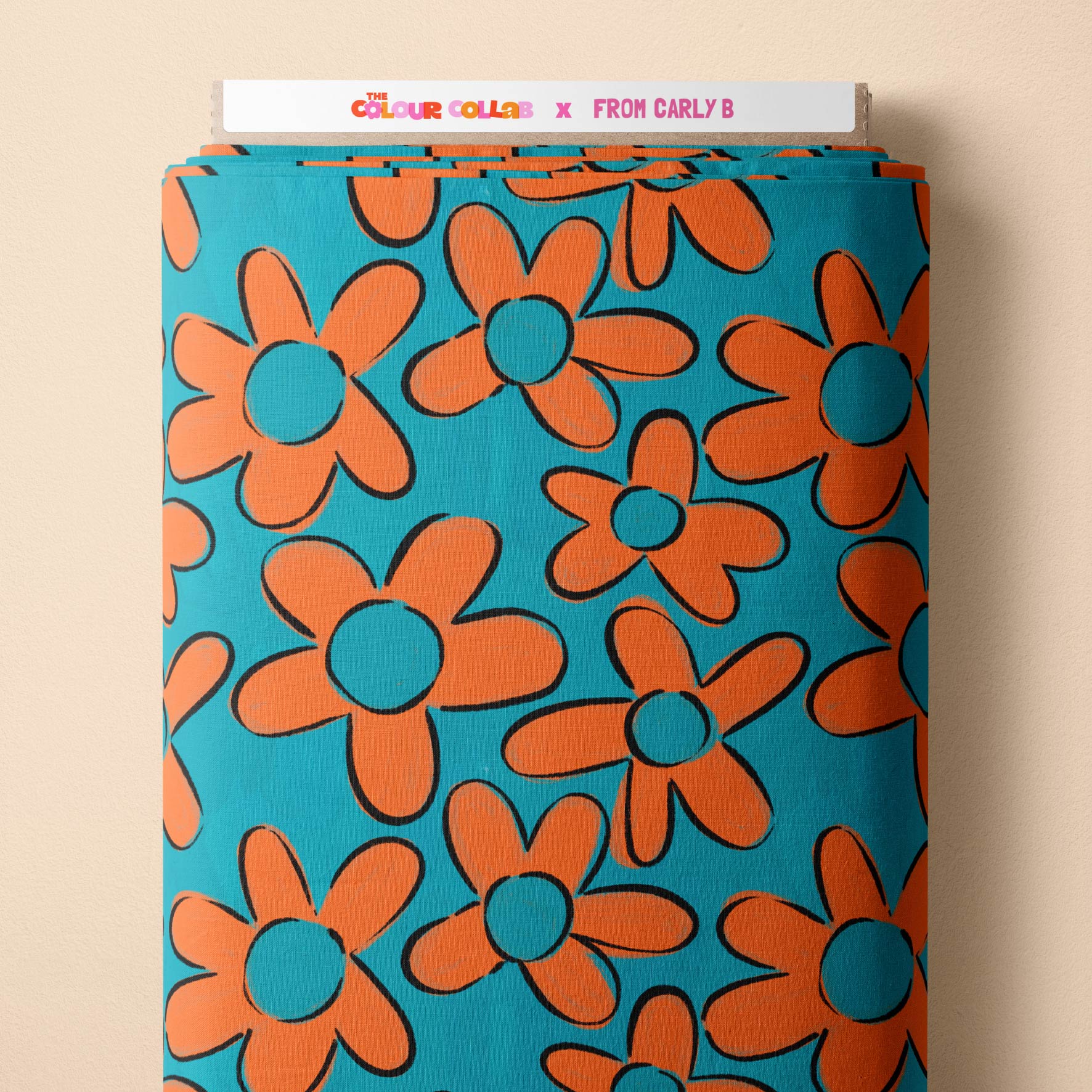 The Beautifuls (Smartie & Blue) fabric by Carly B mock up on fabric bolt