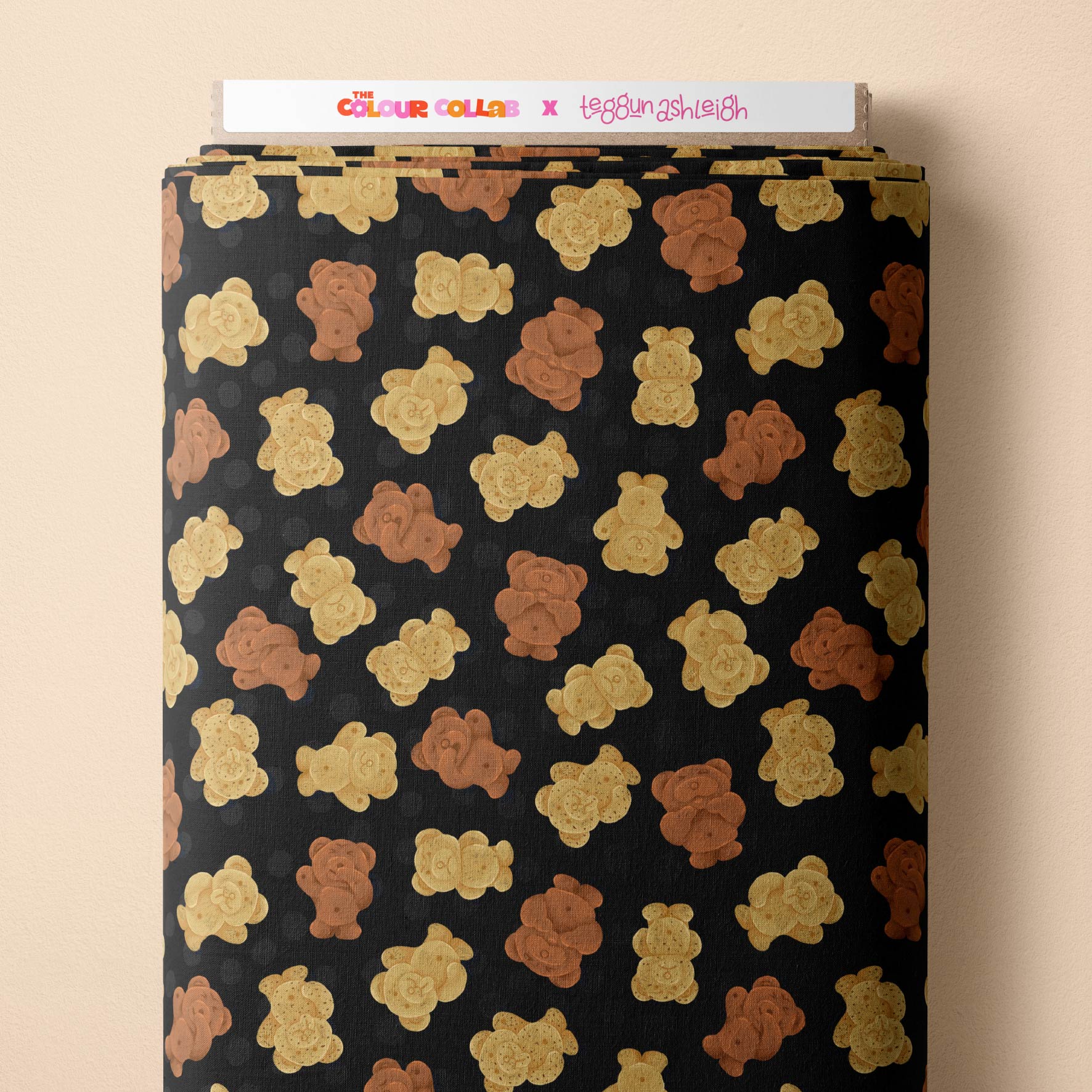 Tiny Teddies (Black) fabric by The Colour Collab mock up on fabric bolt