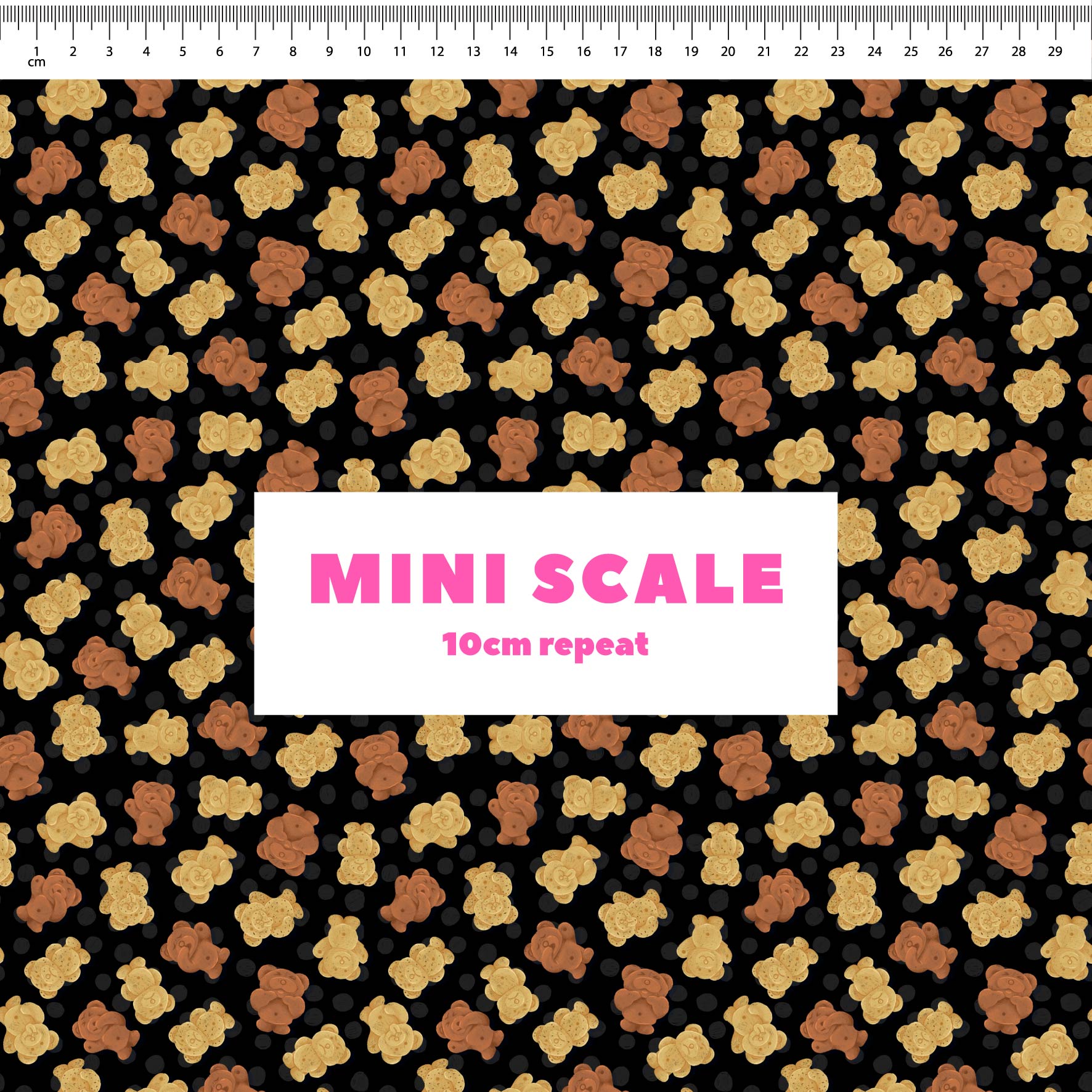Tiny Teddies (Black) printed cotton fabric by The Colour Collab in 10cm Mini Scale