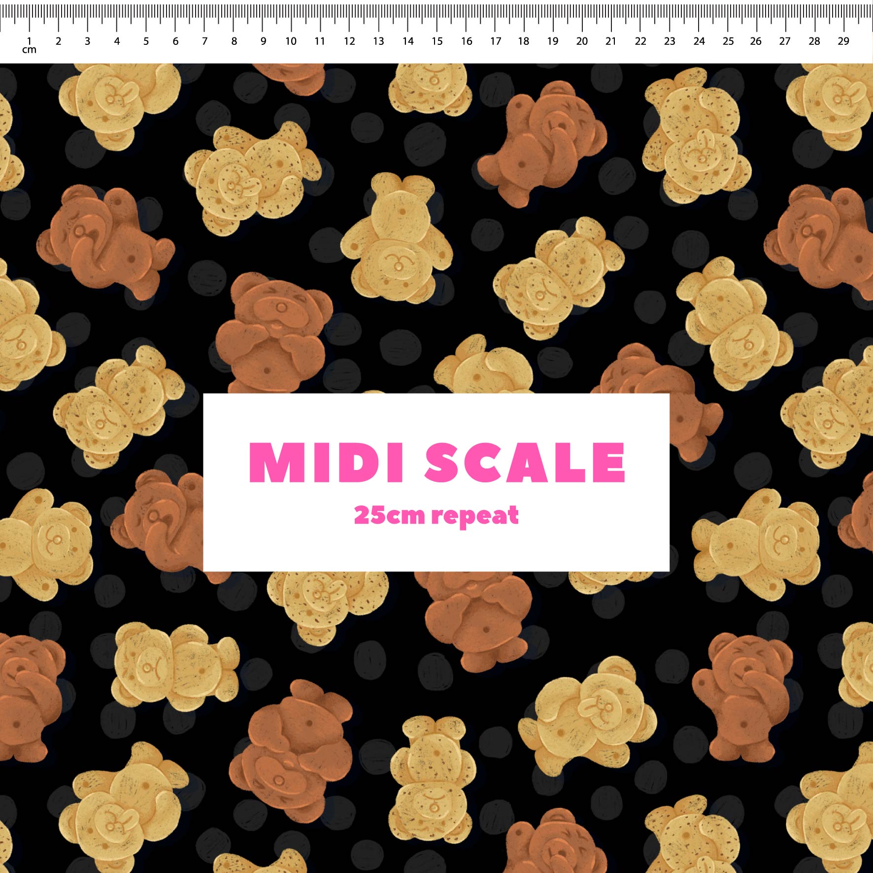 Tiny Teddies (Black) fabric design by The Colour Collab in 25cm Midi Scale