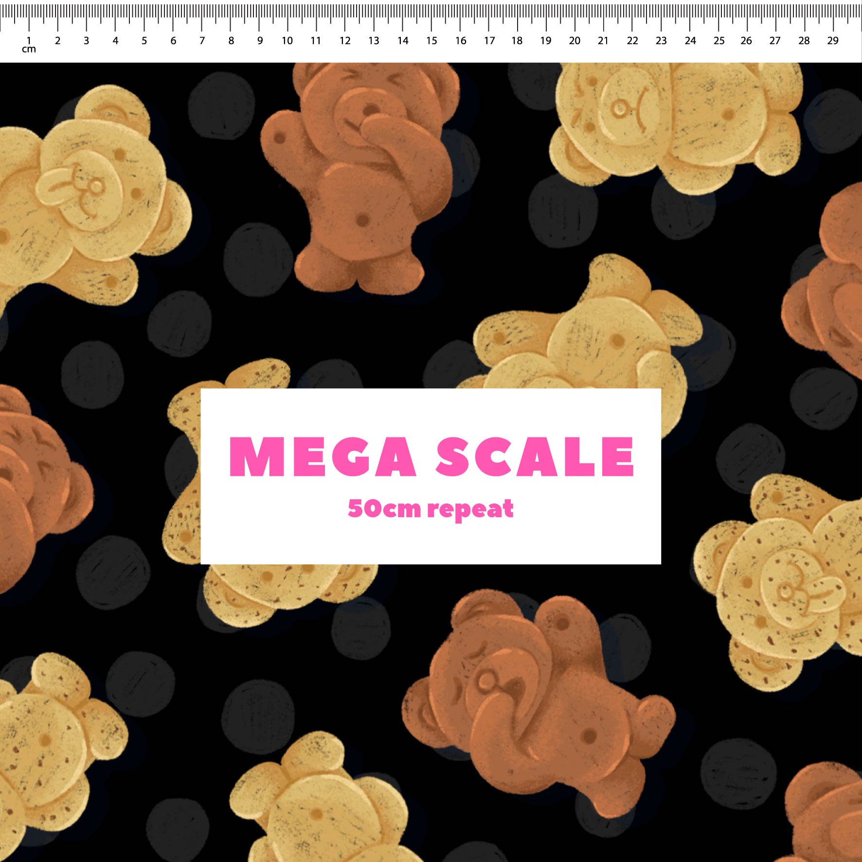 Tiny Teddies (Black) fabric print by The Colour Collab in 50cm Mega Scale