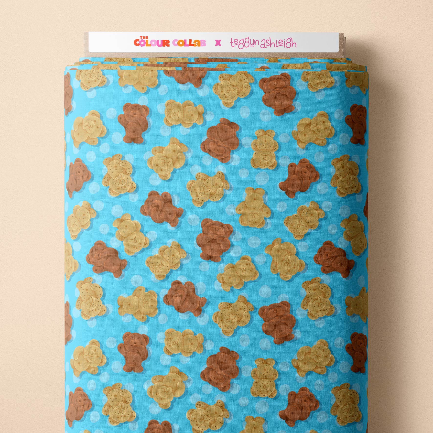 Tiny Teddies (Blue) fabric by The Colour Collab mock up on fabric bolt