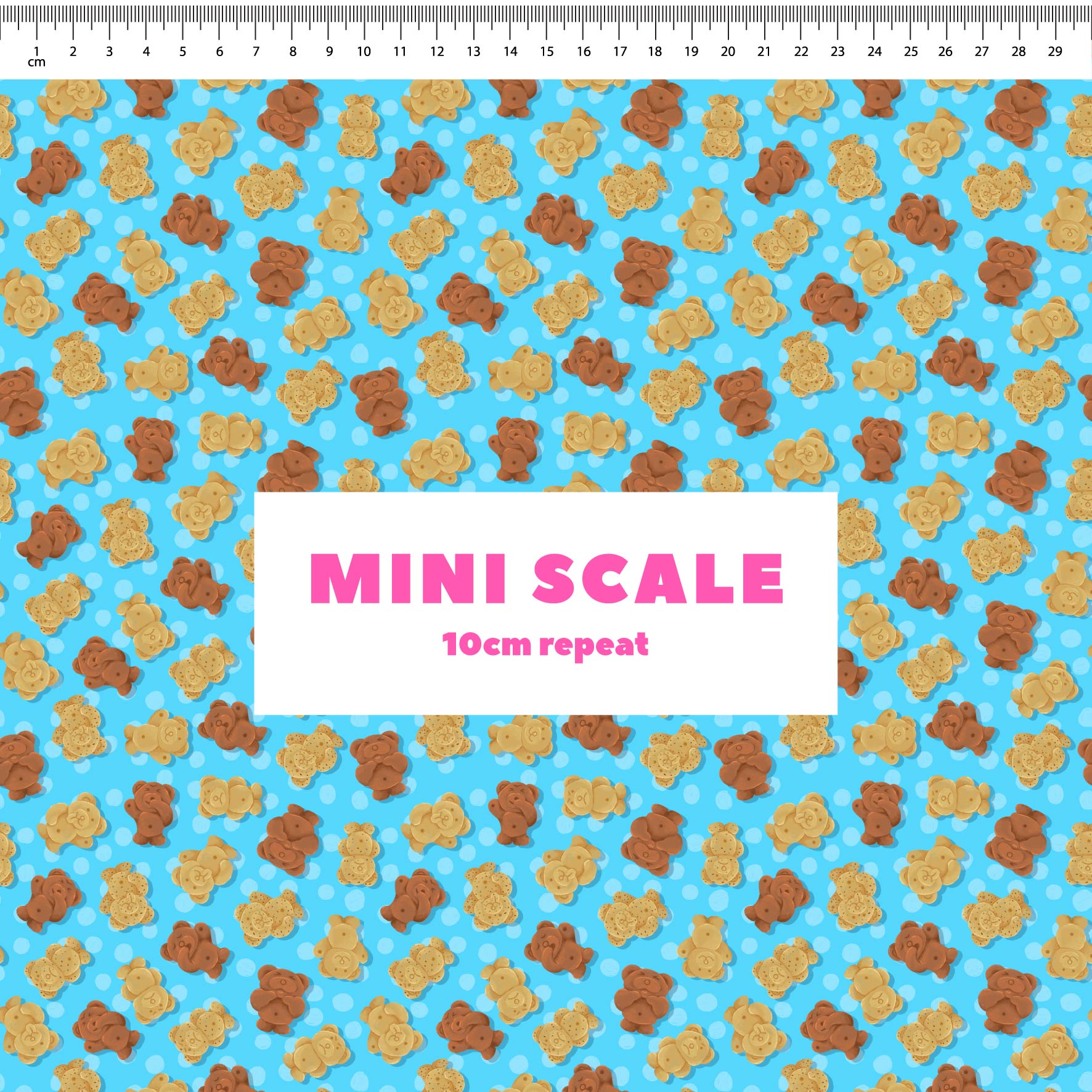Tiny Teddies (Blue) printed cotton fabric by The Colour Collab in 10cm Mini Scale