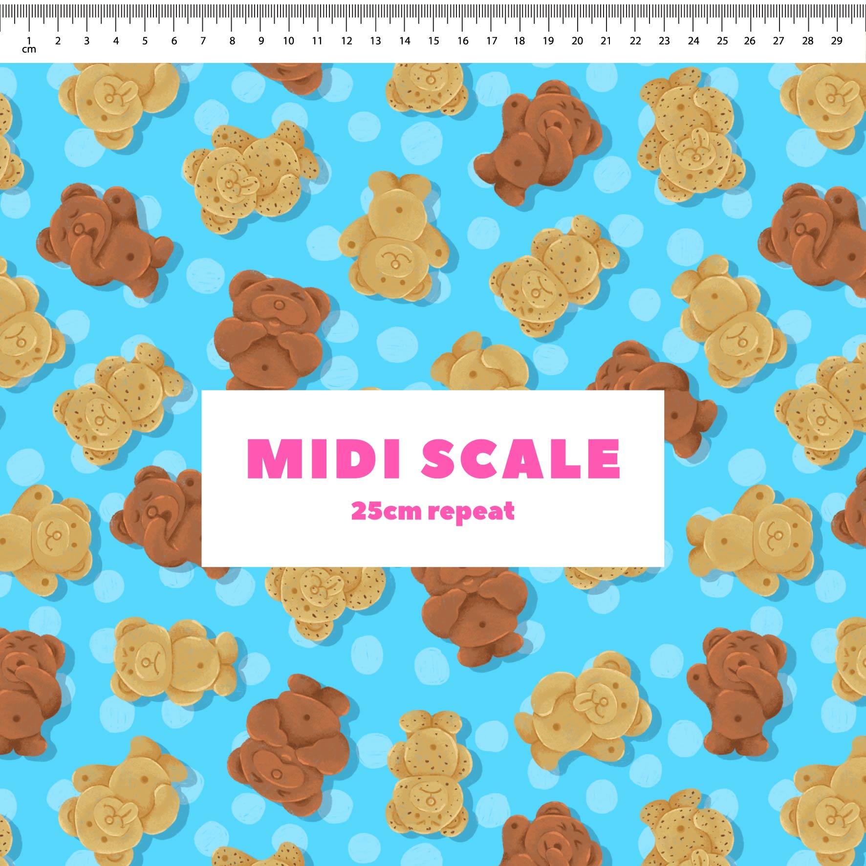 Tiny Teddies (Blue) fabric design by The Colour Collab in 25cm Midi Scale