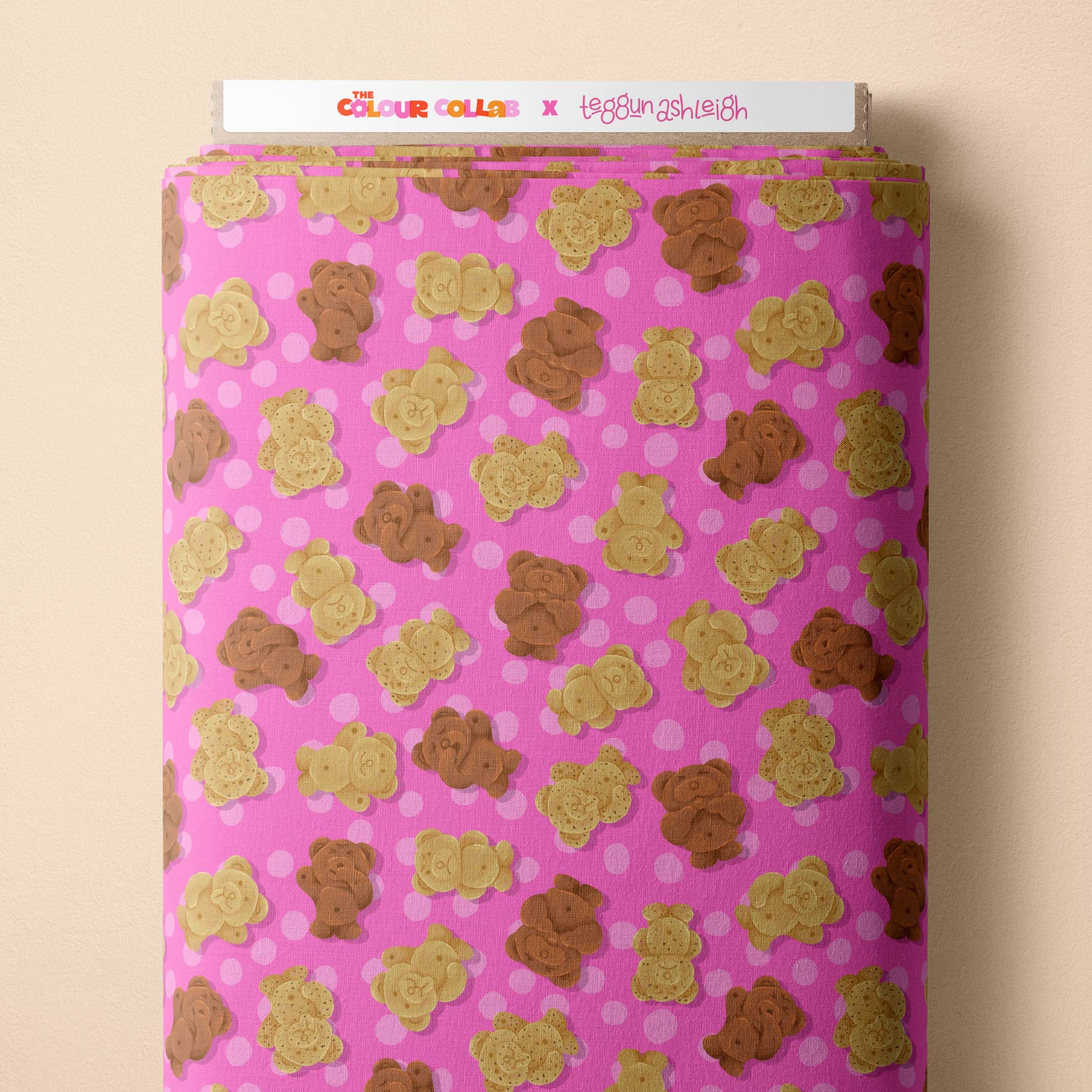 Tiny Teddies (Pink) fabric by The Colour Collab mock up on fabric bolt