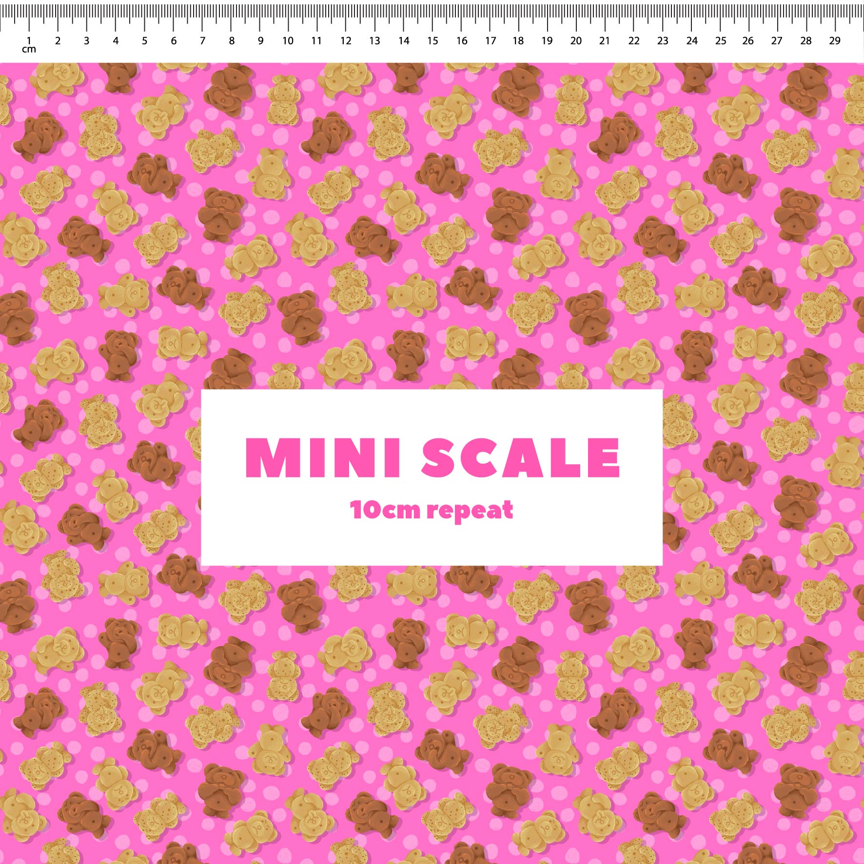 Tiny Teddies (Pink) printed cotton fabric by The Colour Collab in 10cm Mini Scale