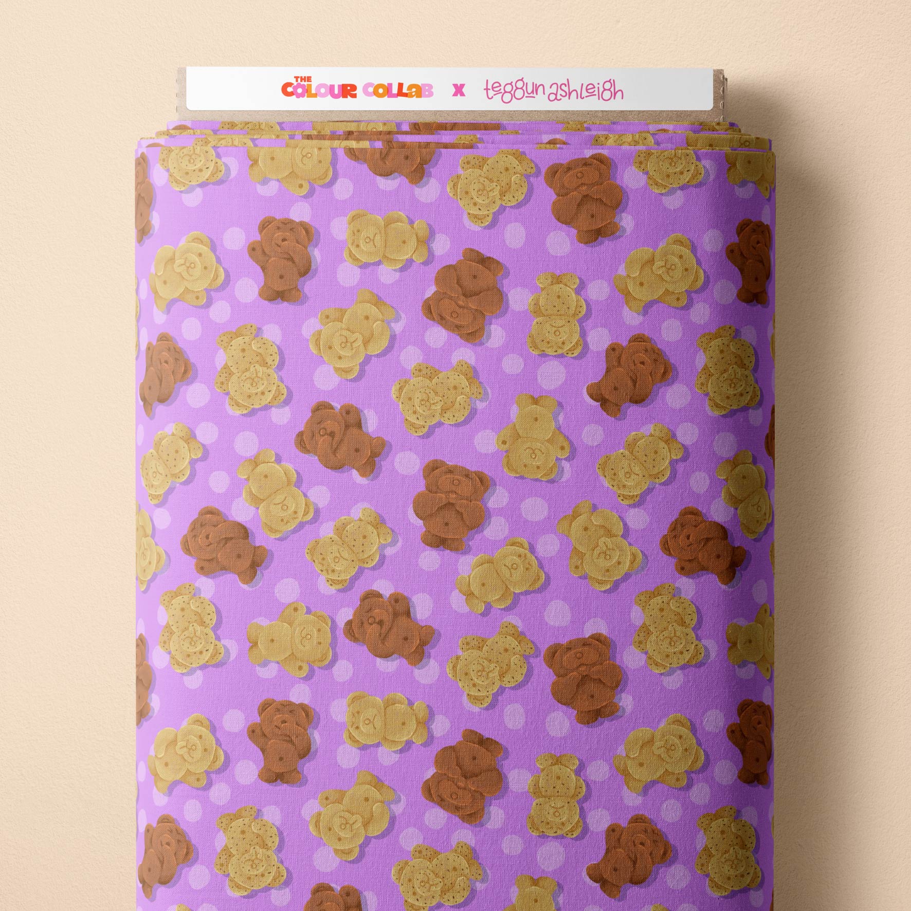 Tiny Teddies (Purple) fabric by The Colour Collab mock up on fabric bolt
