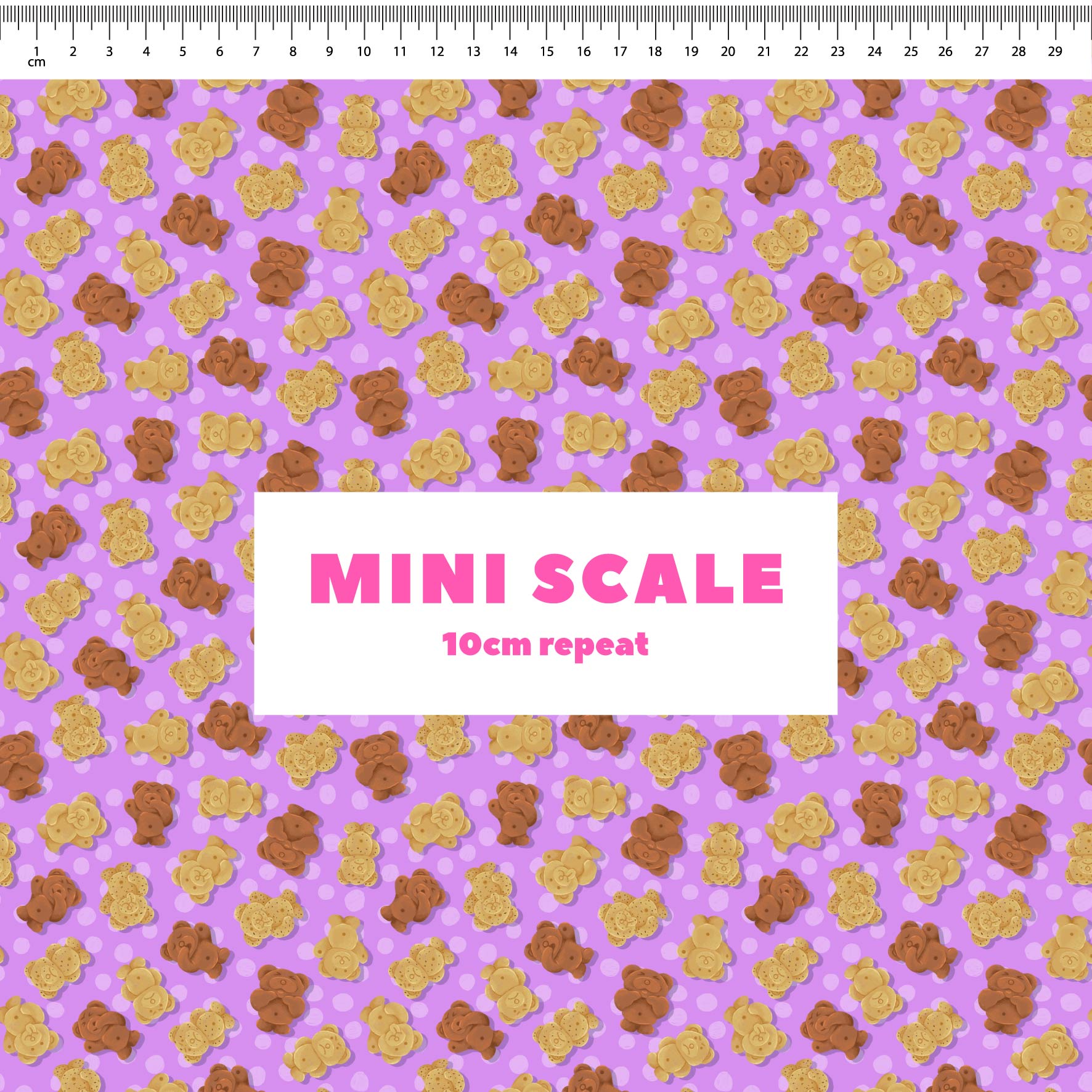 Tiny Teddies (Purple) printed cotton fabric by The Colour Collab in 10cm Mini Scale