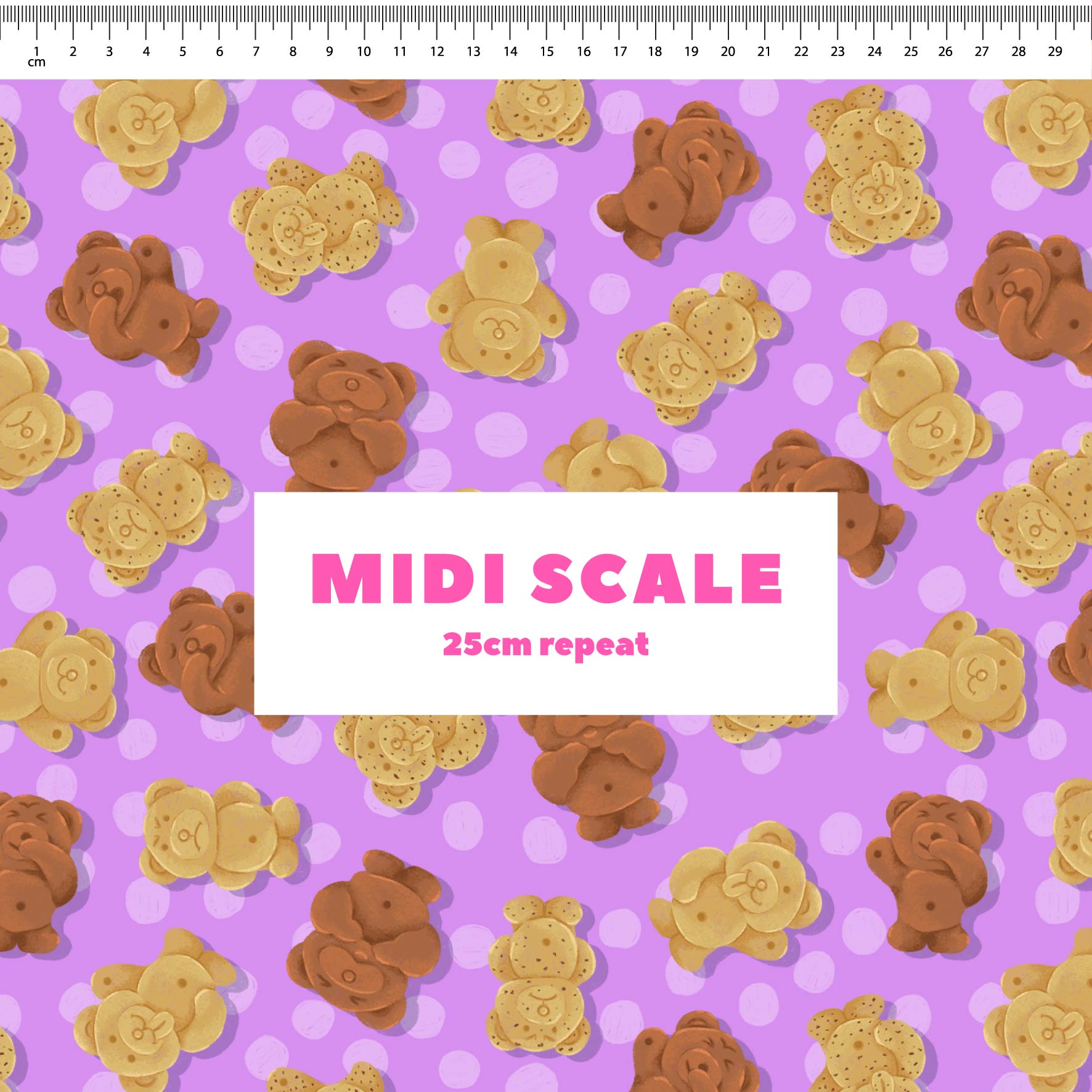 Tiny Teddies (Purple) fabric design by The Colour Collab in 25cm Midi Scale