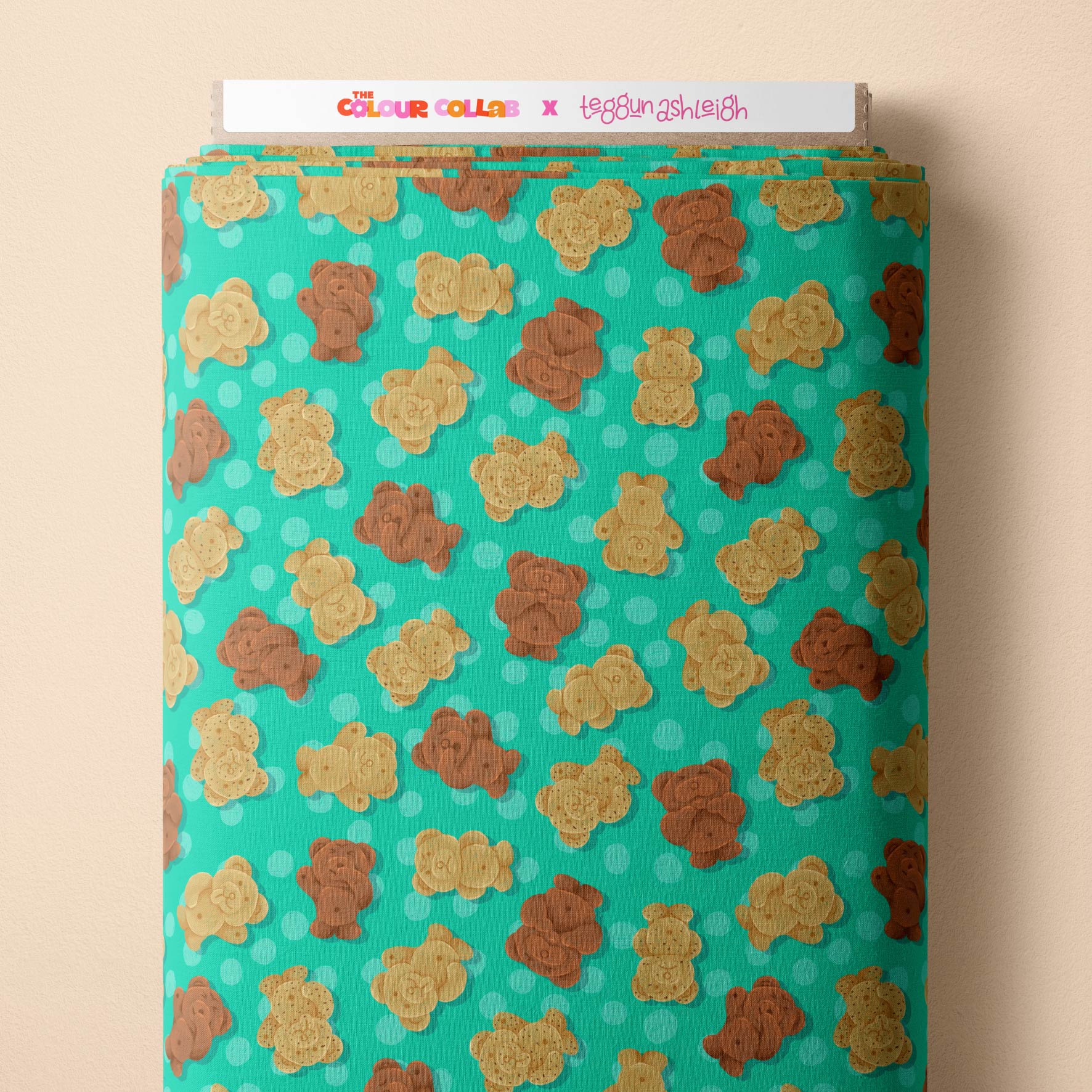Tiny Teddies (Teal) fabric by The Colour Collab mock up on fabric bolt
