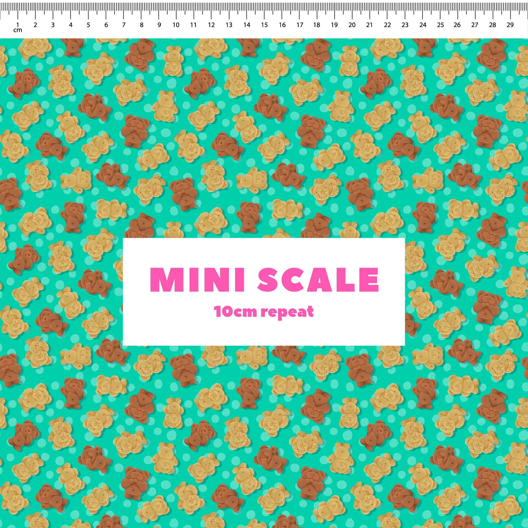 Tiny Teddies (Teal) printed cotton fabric by The Colour Collab in 10cm Mini Scale