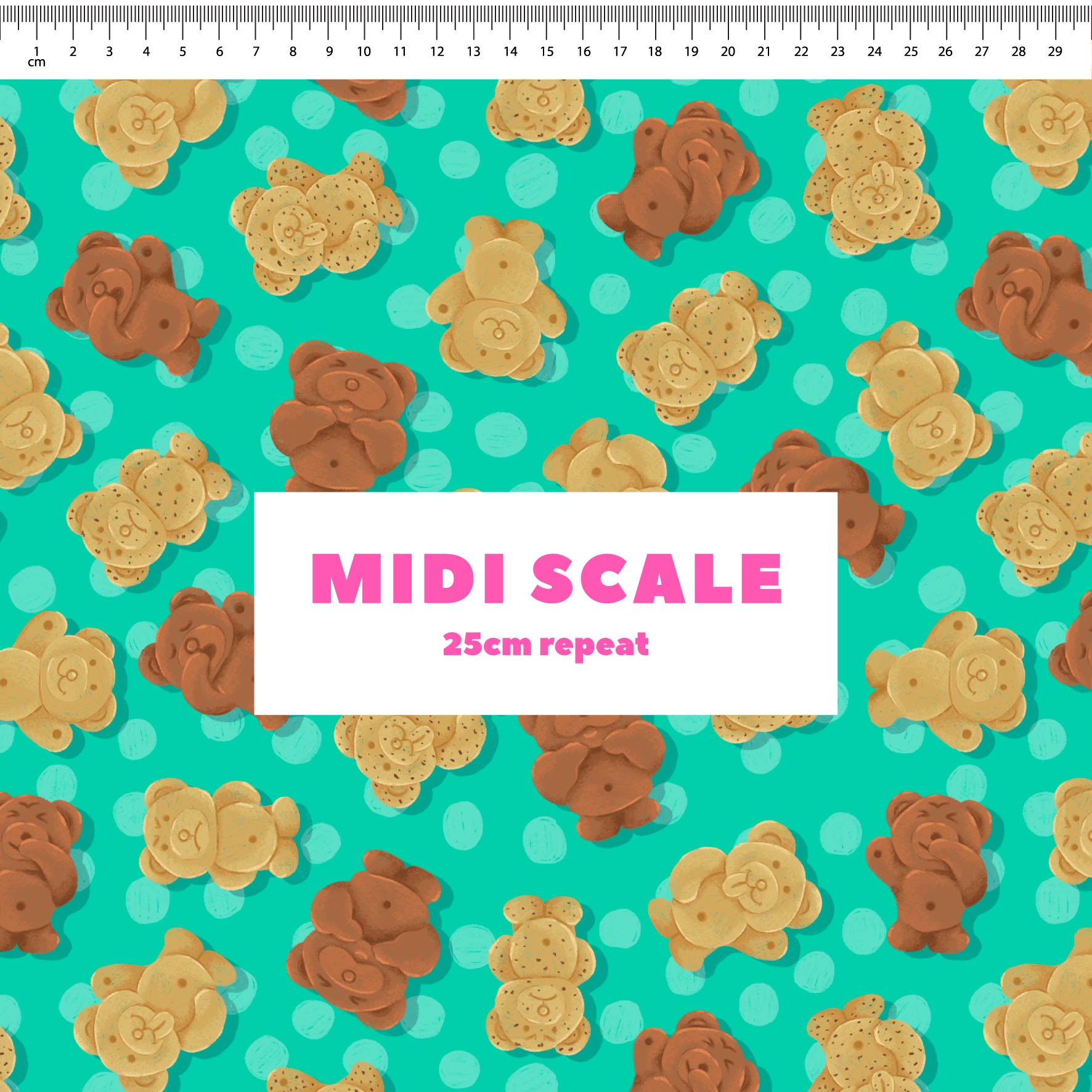 Tiny Teddies (Teal) fabric design by The Colour Collab in 25cm Midi Scale