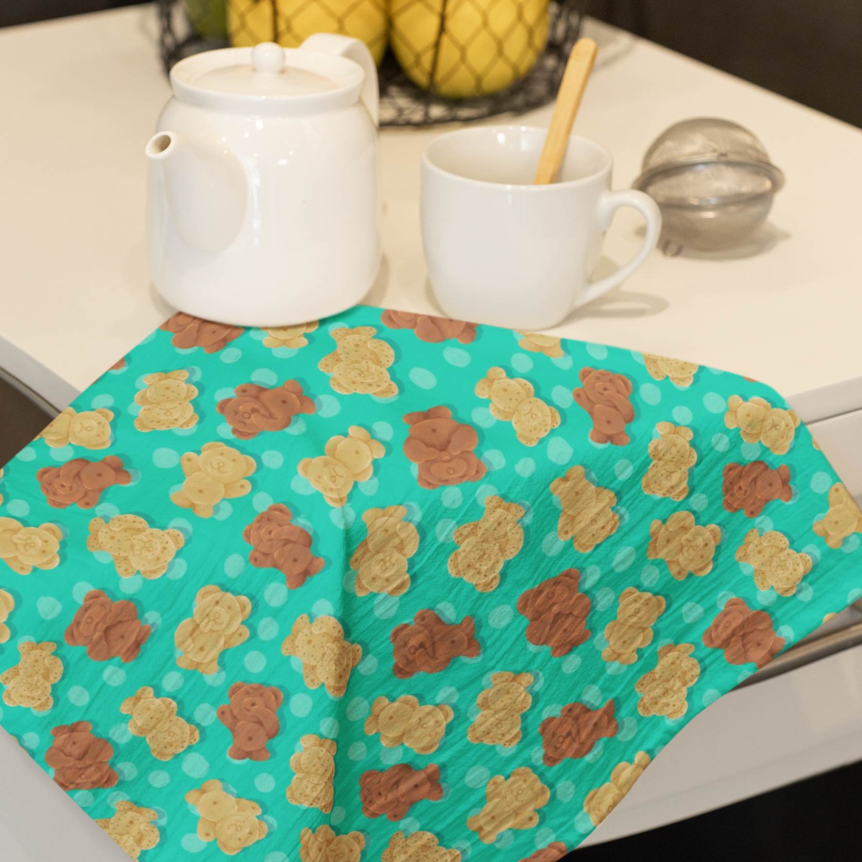 Tiny Teddies (Teal) colourful printed fabric by The Colour Collab