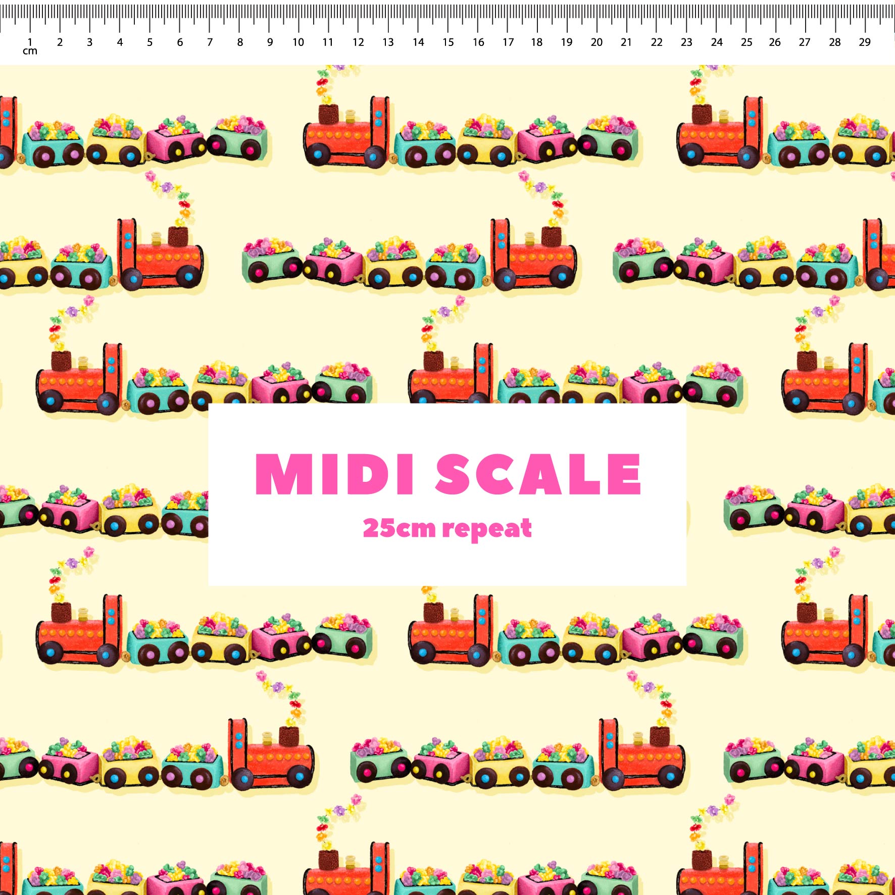 Choo Choo Train Cake (Yellow) - 1m - Quilting Cotton - Midi Scale